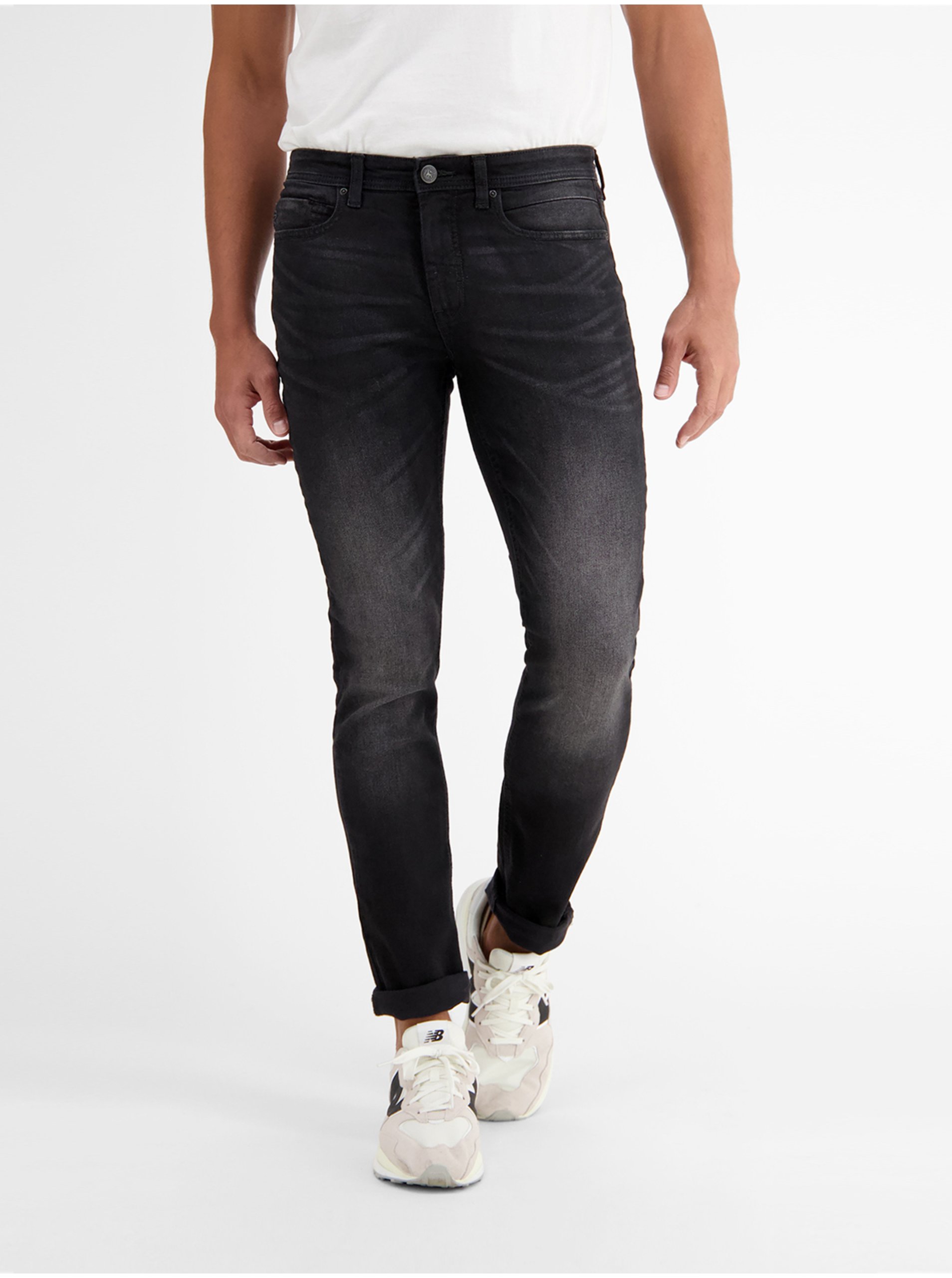 Levně Tmavě šedé pánské slim fit džíny s vyšisovaným efektem LERROS