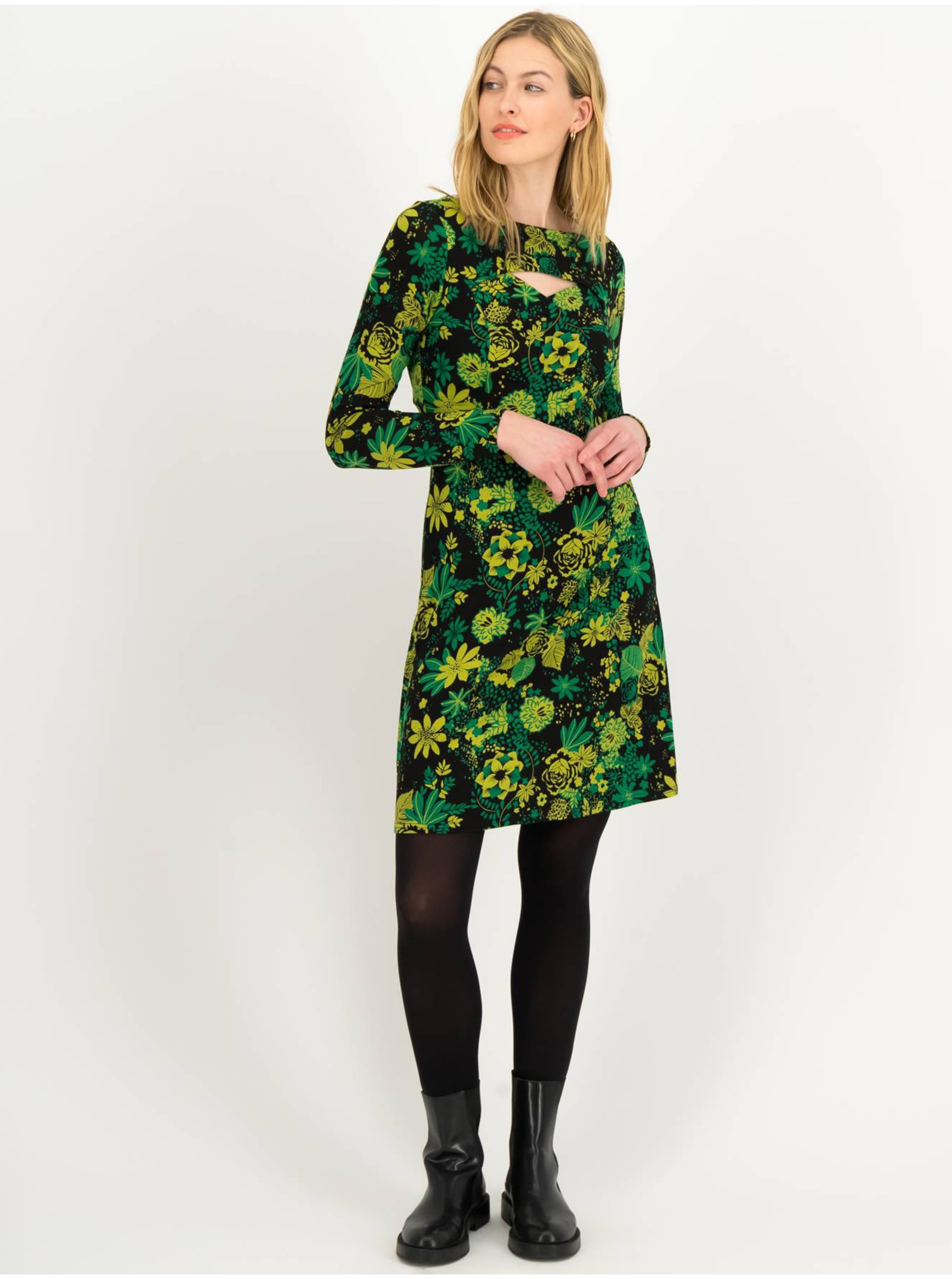 Levně Černo-zelené dámské květované šaty s průstřihem Blutsgeschwister Petite Rafinesse