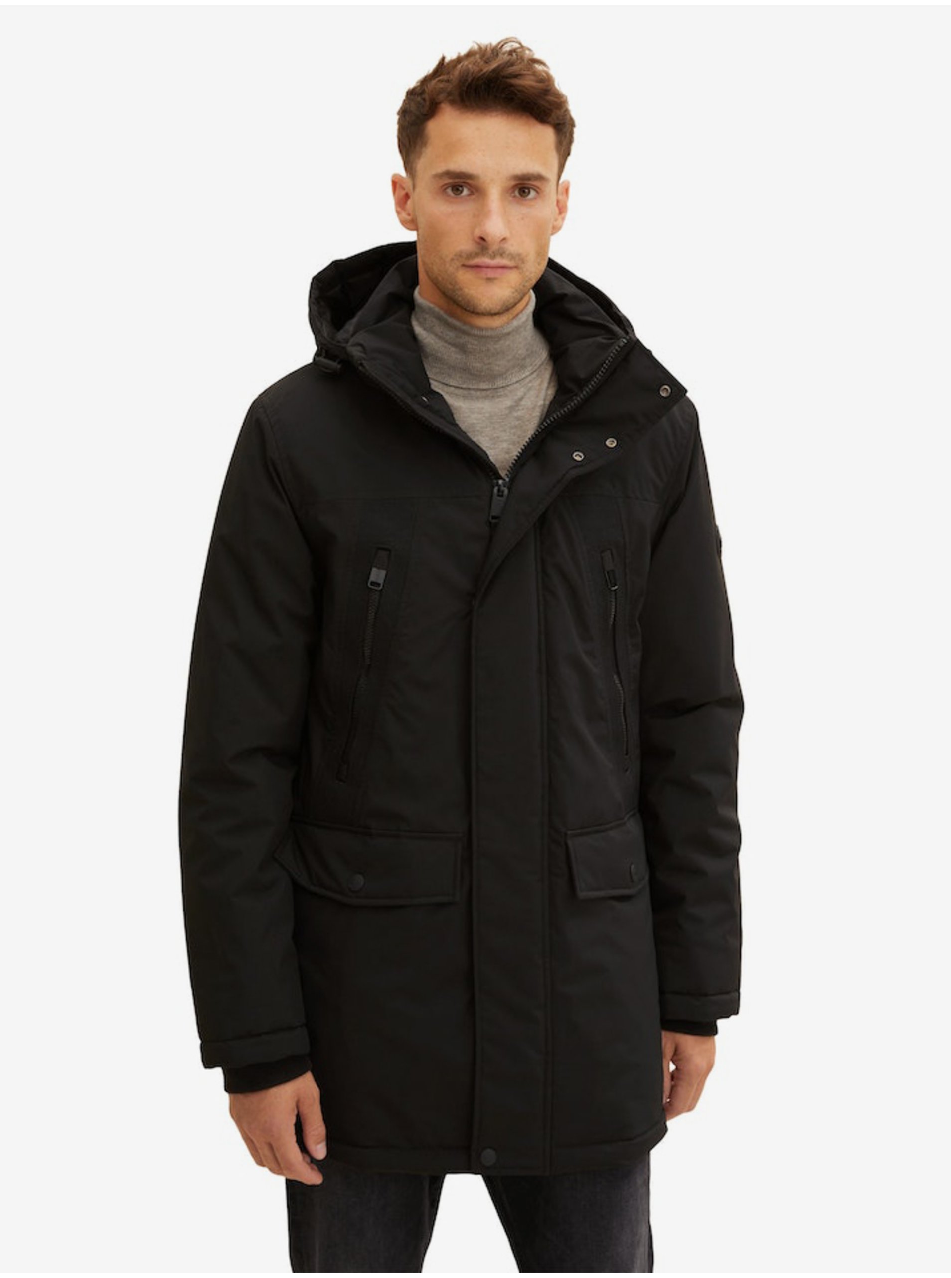 Levně Černá pánská zimní bunda s kapucí Tom Tailor