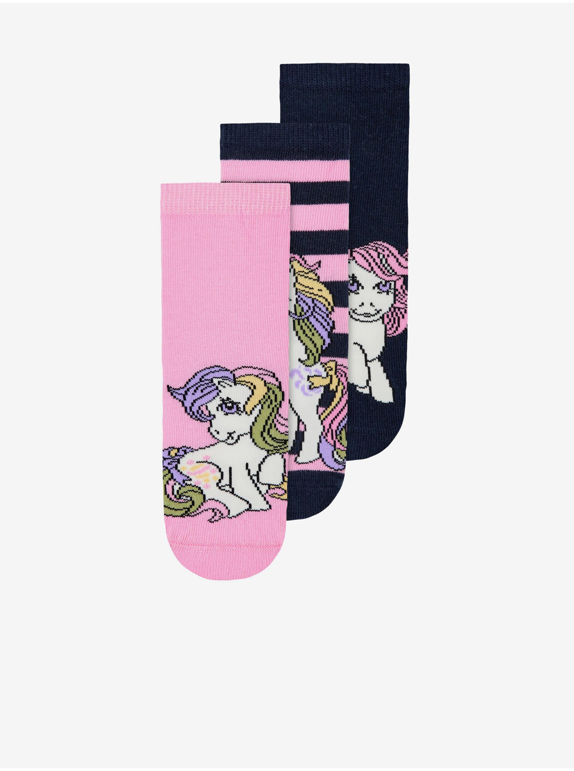 Levně Sada tří párů holčičích vzorovaných ponožek v černé a růžové barvě name it