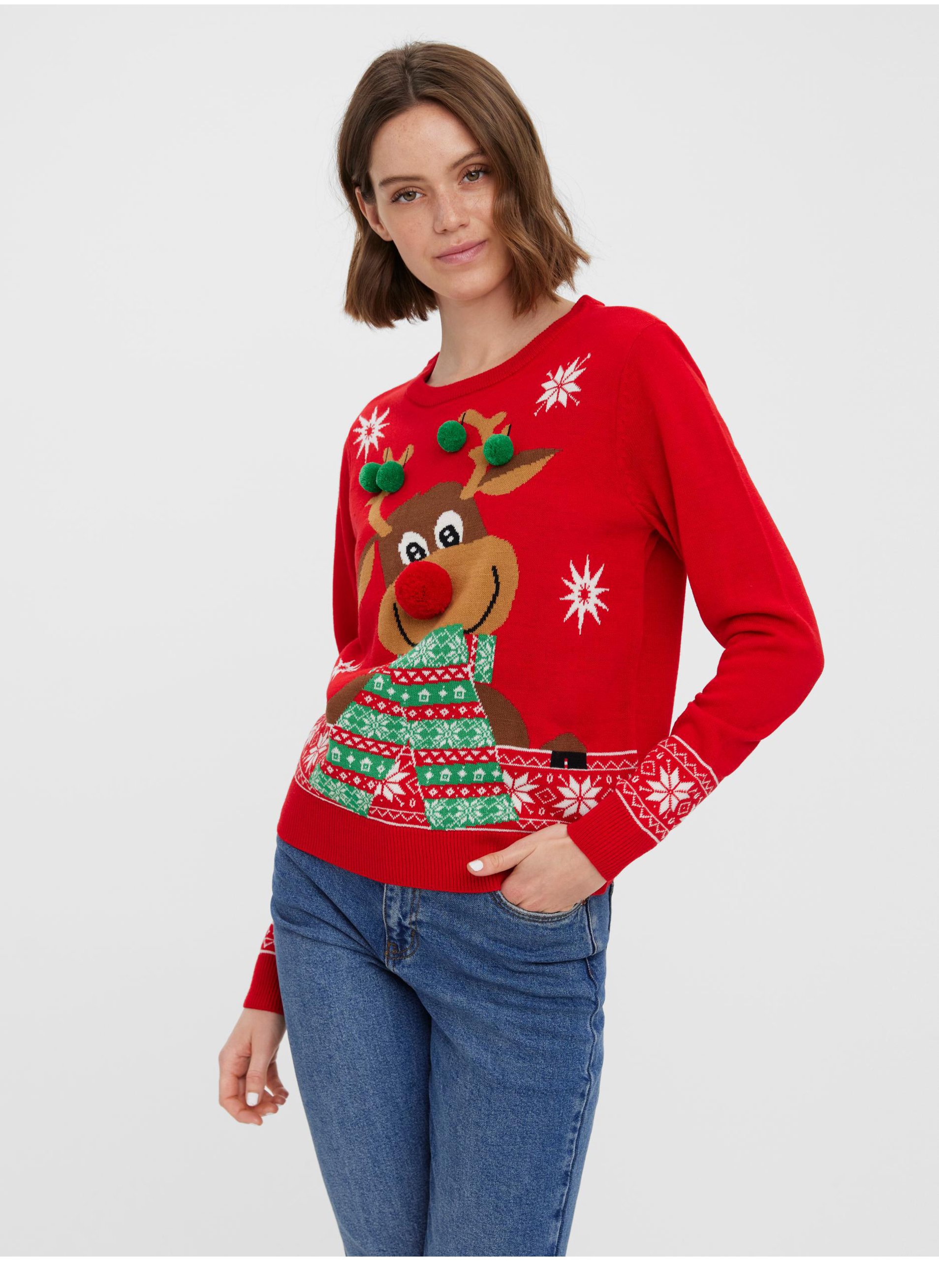 Levně Červený dámský svetr s vánočním motivem VERO MODA New Frosty Deer