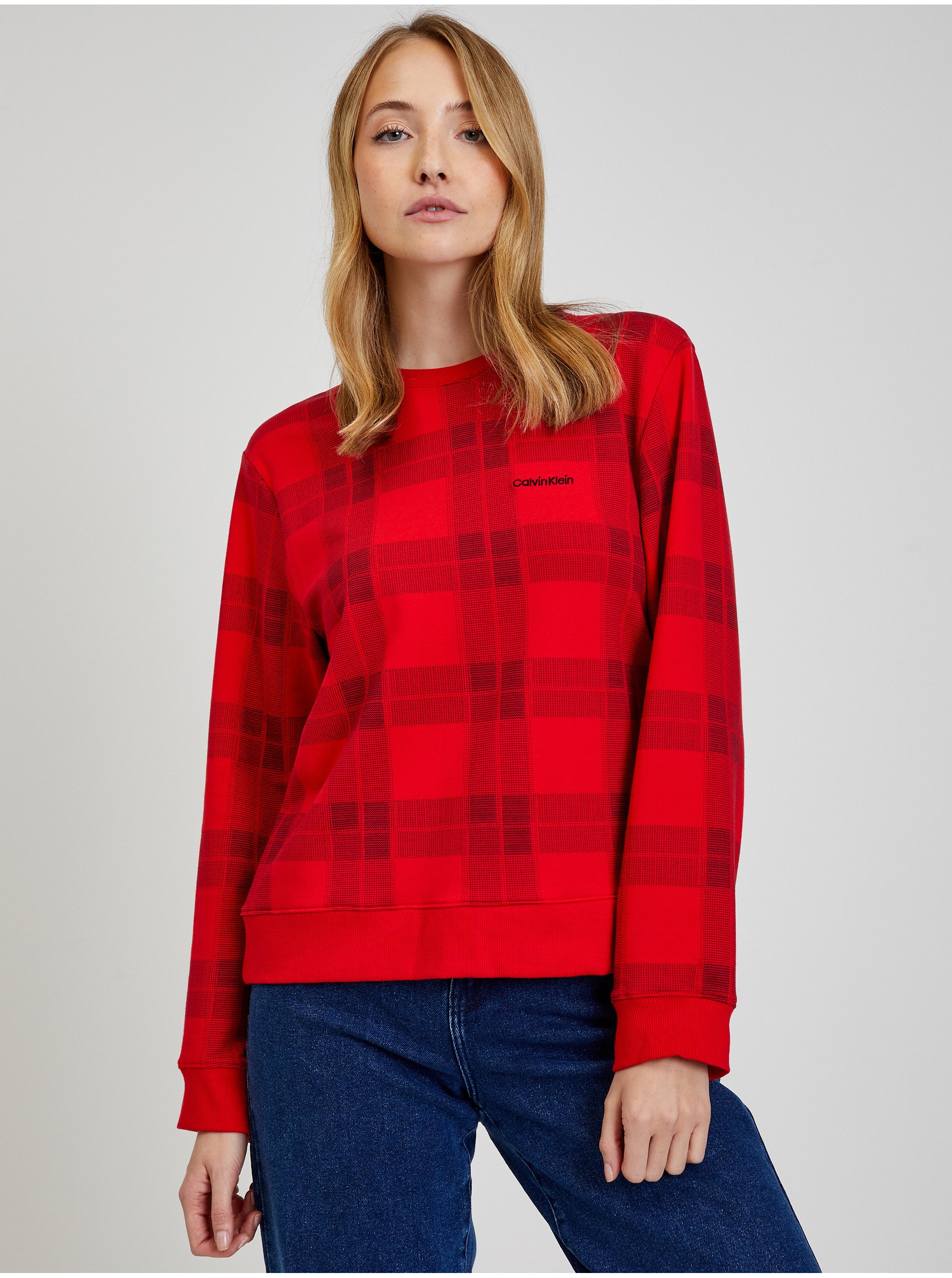 E-shop Červená dámska kockovaná mikina Calvin Klein Holiday