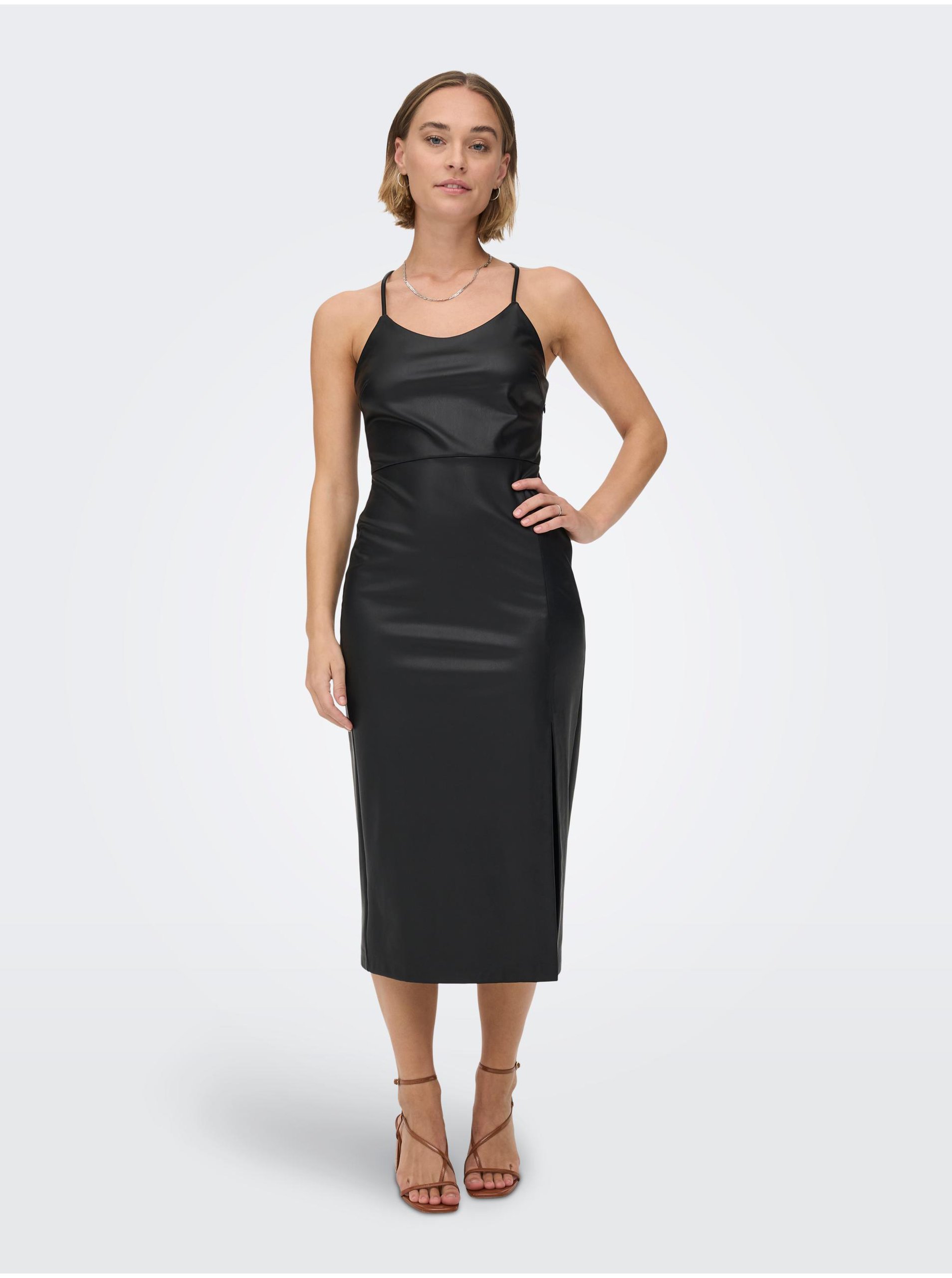 E-shop Černé dámské koženkové šaty na ramínka s rozparky ONLY Rina