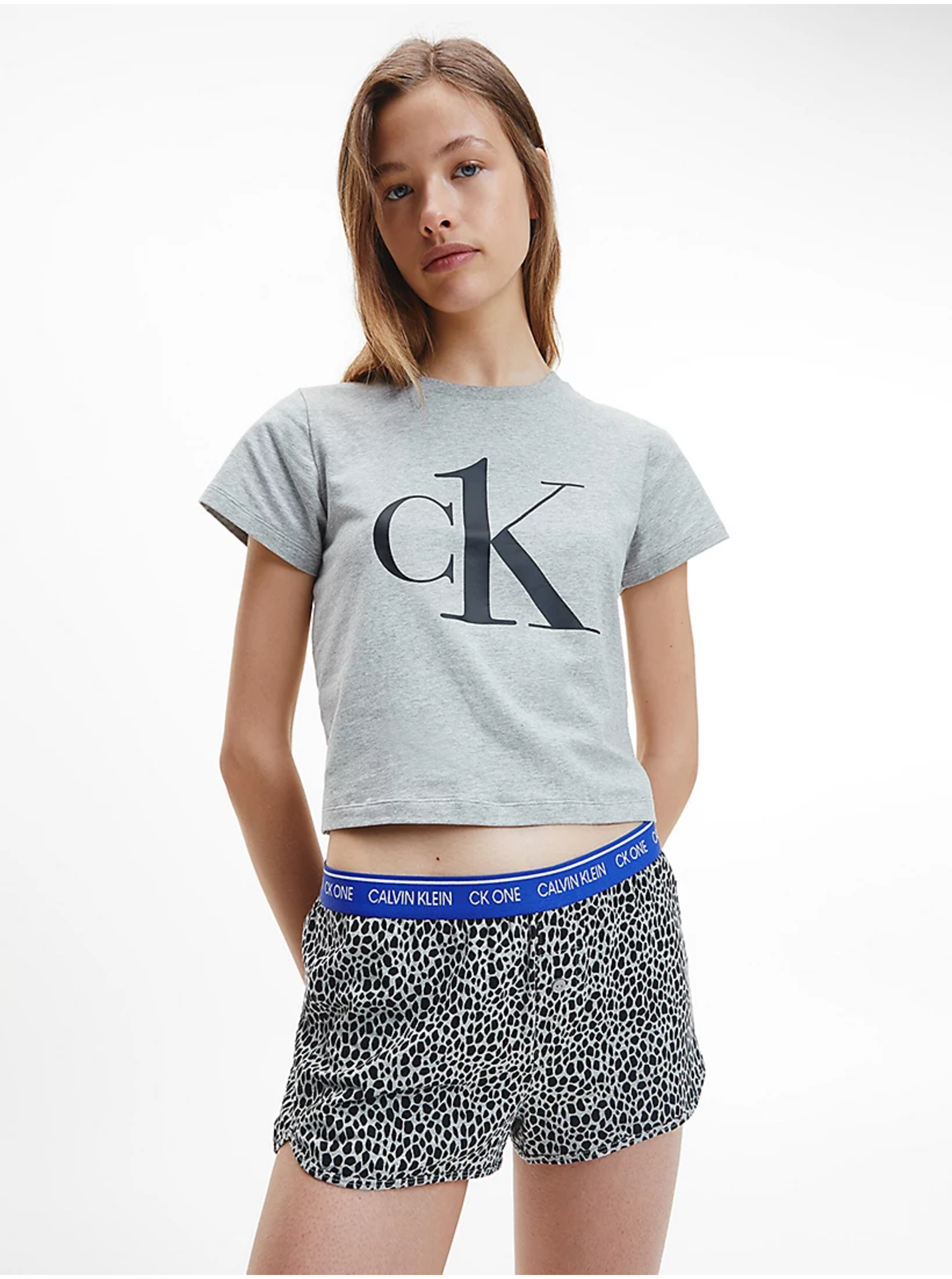 Levně Světle šedé dámské vzorované pyžamo Calvin Klein Underwear