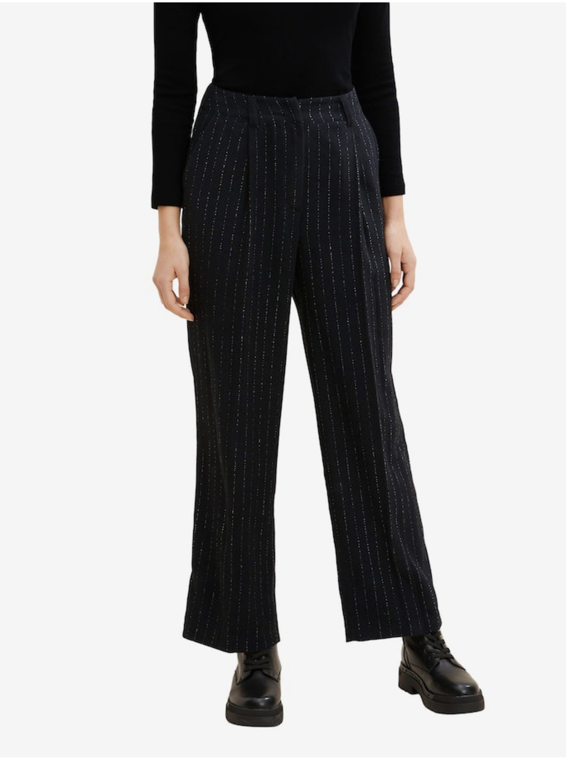 E-shop Čierne dámske pruhované široké nohavice Tom Tailor