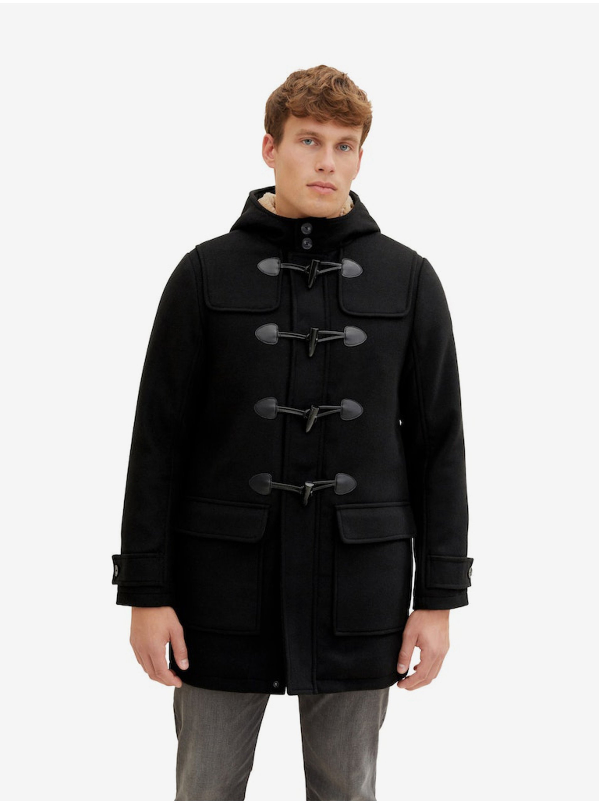 E-shop Čierny pánsky zimný kabát s kapucňou a prímesou vlny Tom Tailor