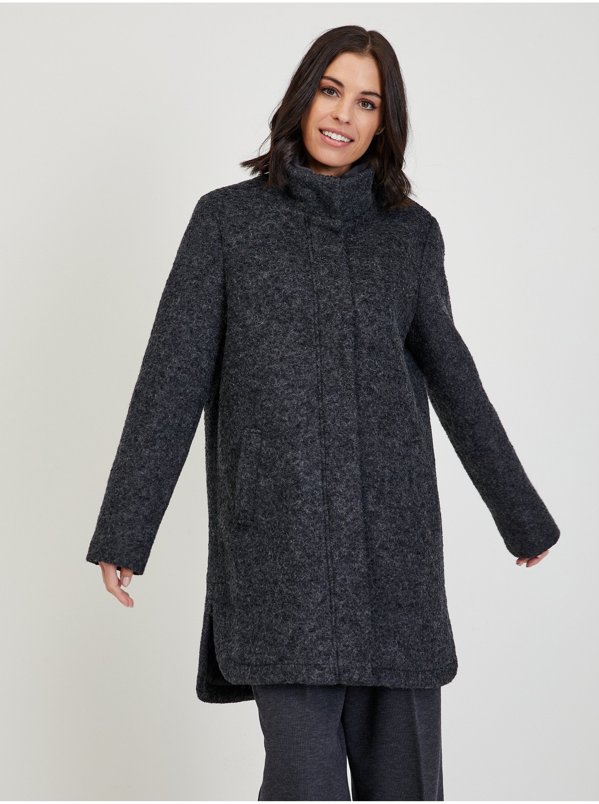 E-shop Tmavě šedý dámský žíhaný kabát s příměsí vlny Tom Tailor Denim
