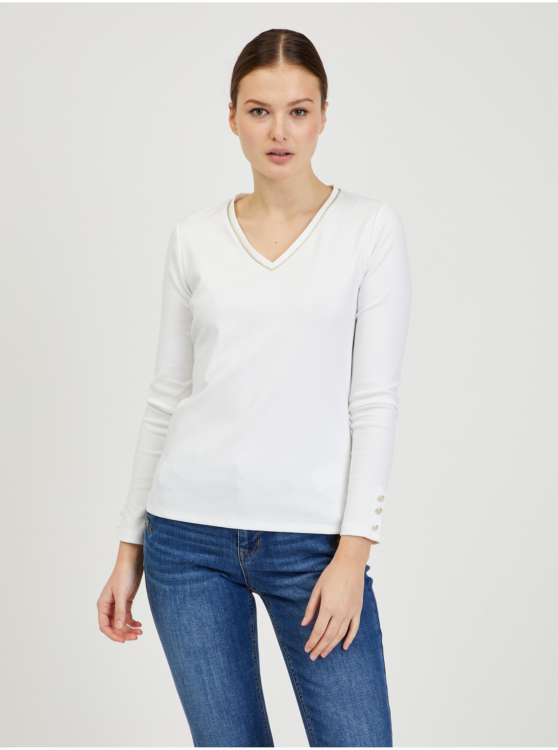 Levně Bílé dámské tričko s dlouhým rukávem ORSAY