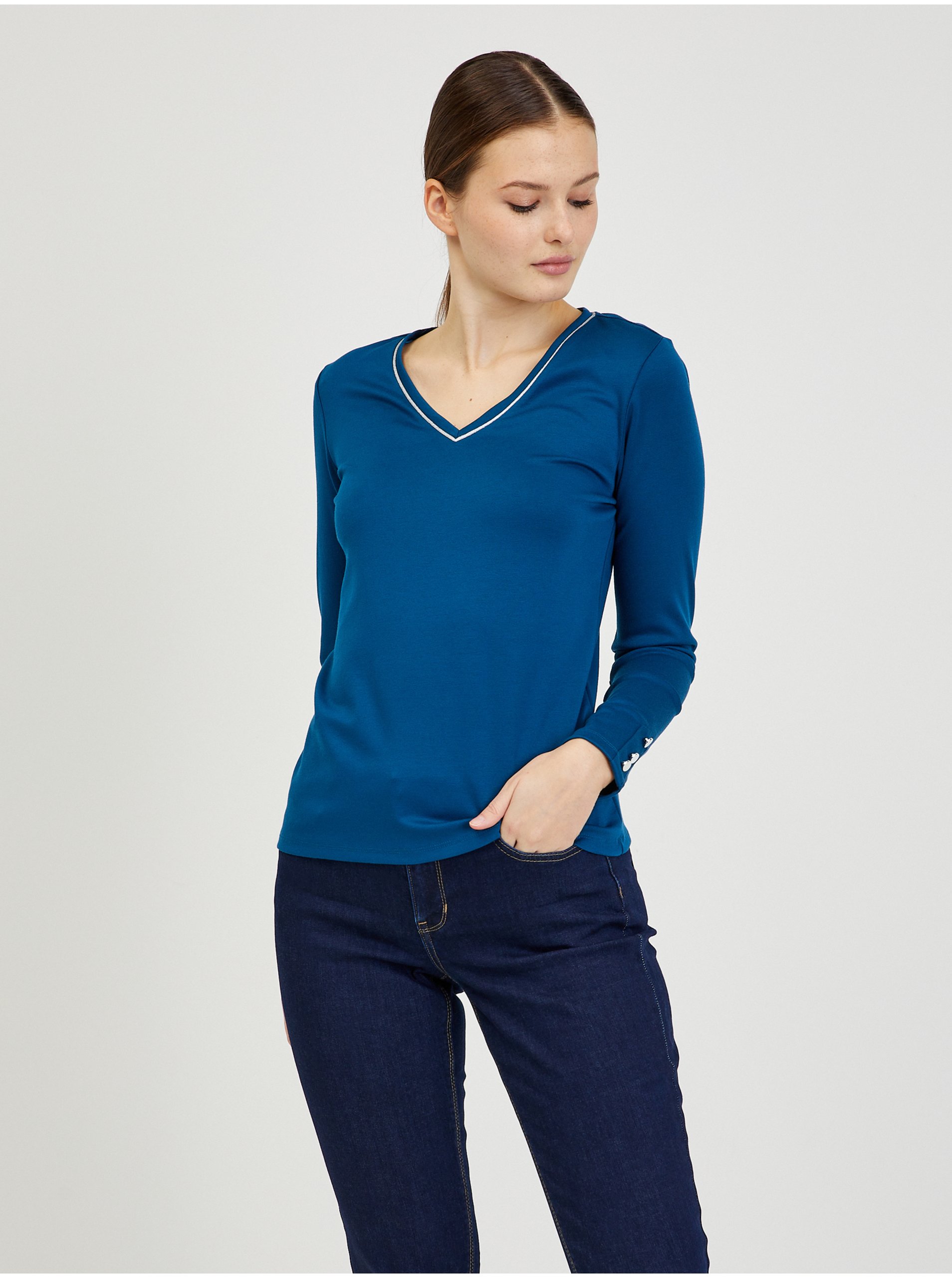 Levně Modré dámské tričko s dlouhým rukávem ORSAY