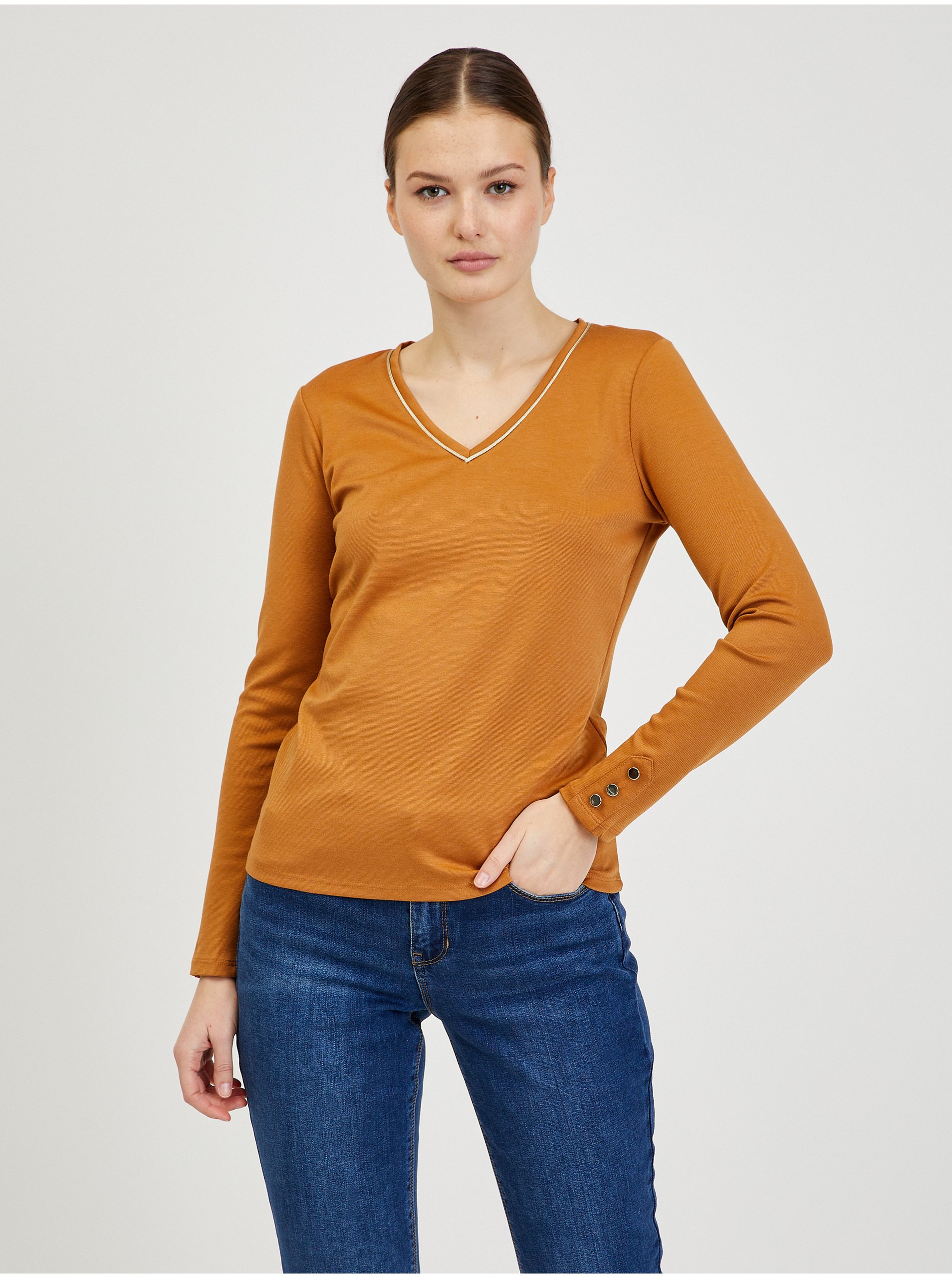 Levně Hnědé dámské tričko s dlouhým rukávem ORSAY