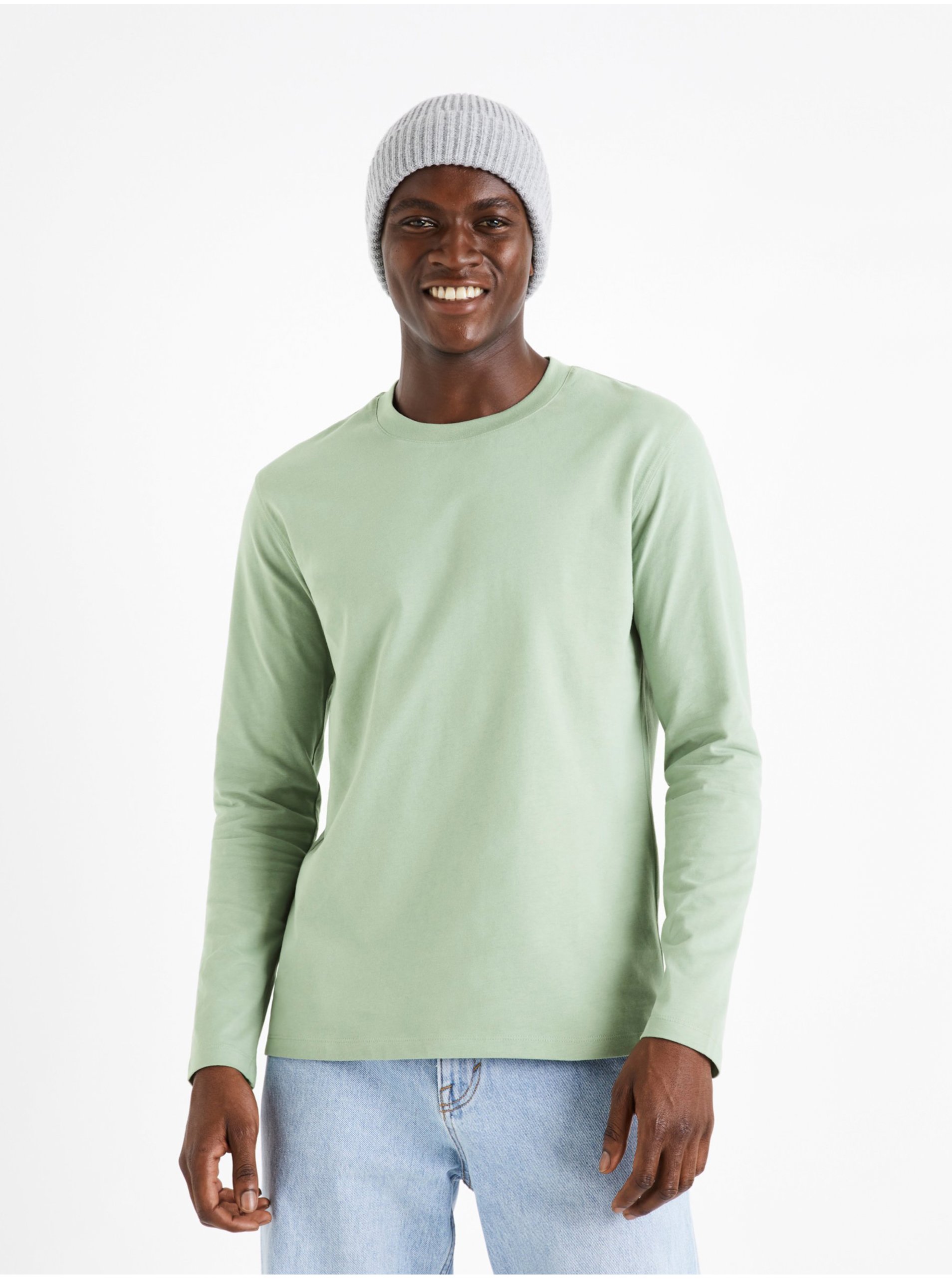 Levně Světle zelené pánské tričko s dlouhým rukávem Celio Cesolaceml