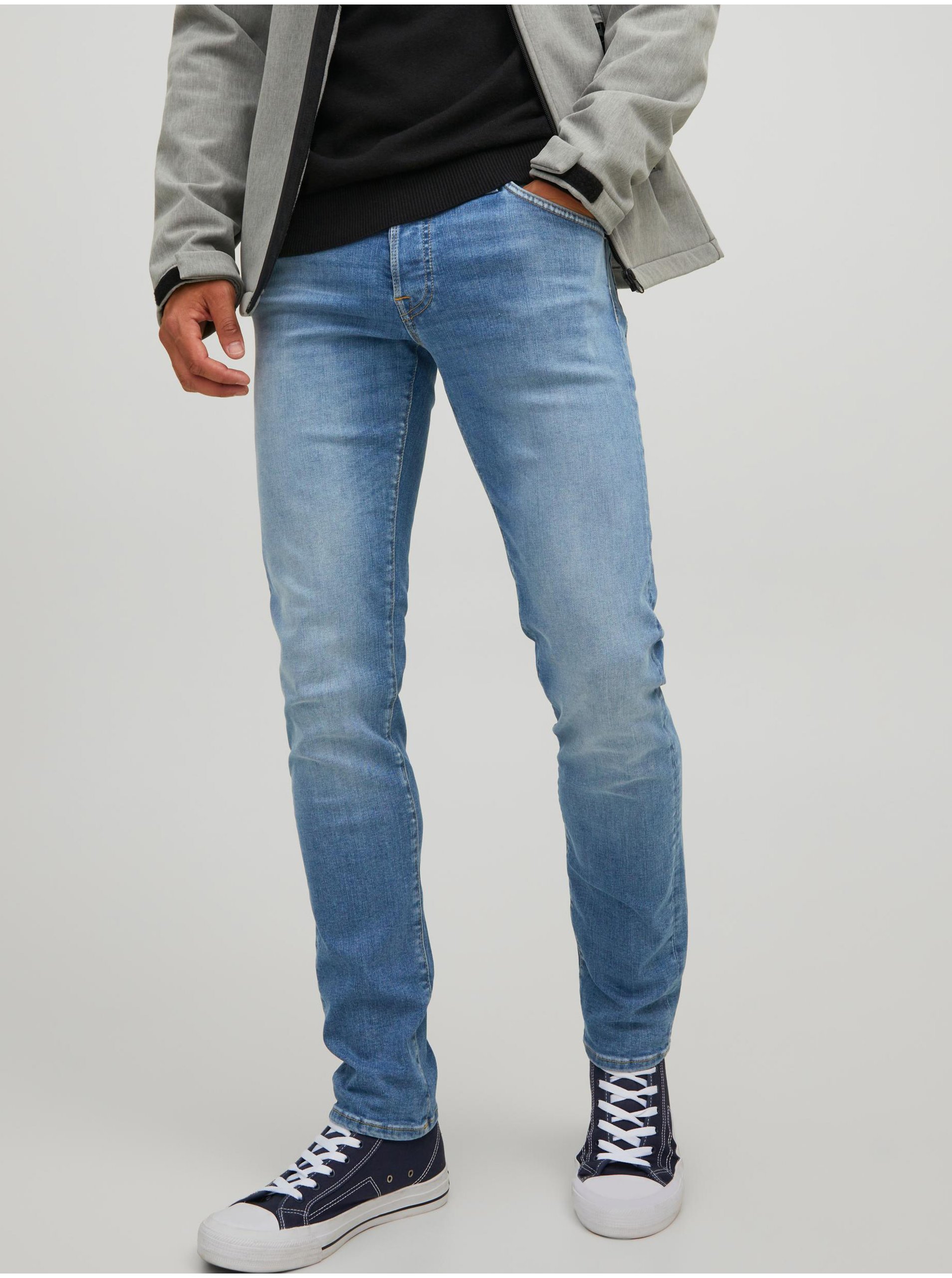 E-shop Modré pánské slim fit džíny s vyšisovaným efektem Jack & Jones Glenn