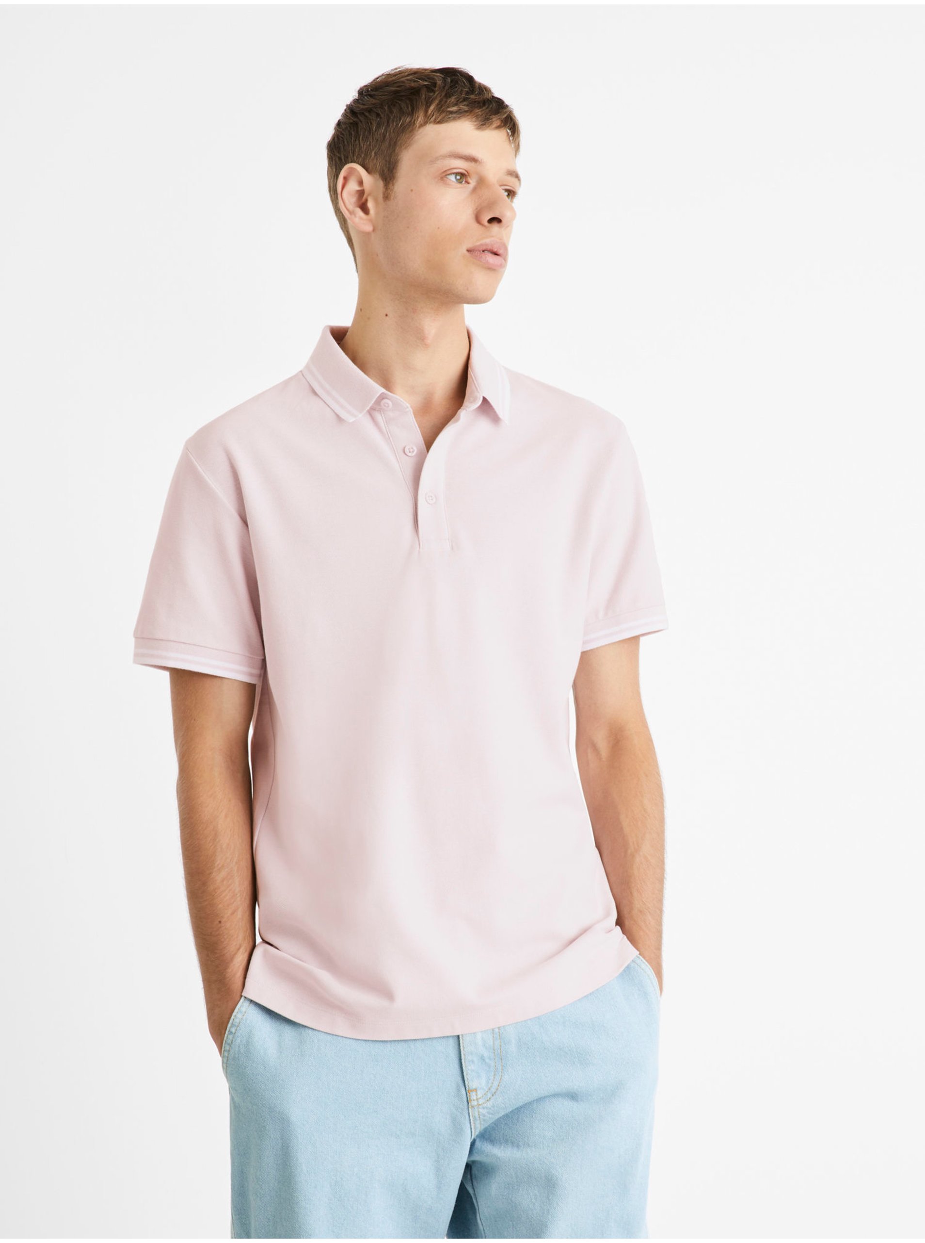 Levně Světle růžové pánské basic polo tričko Celio Beline