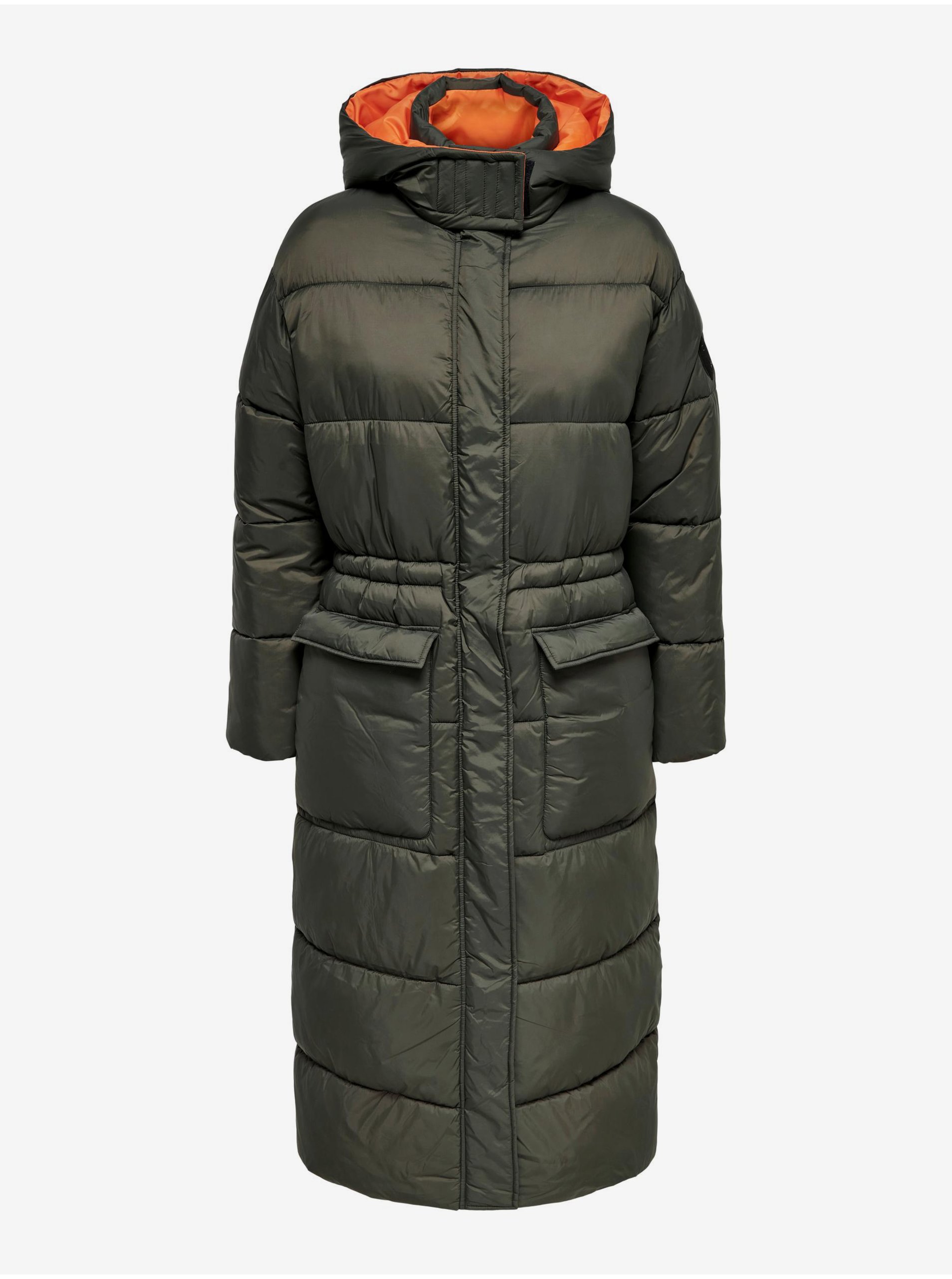 Lacno Kaki dámsky prešívaný zimný kabát s kapucňou ONLY Puk