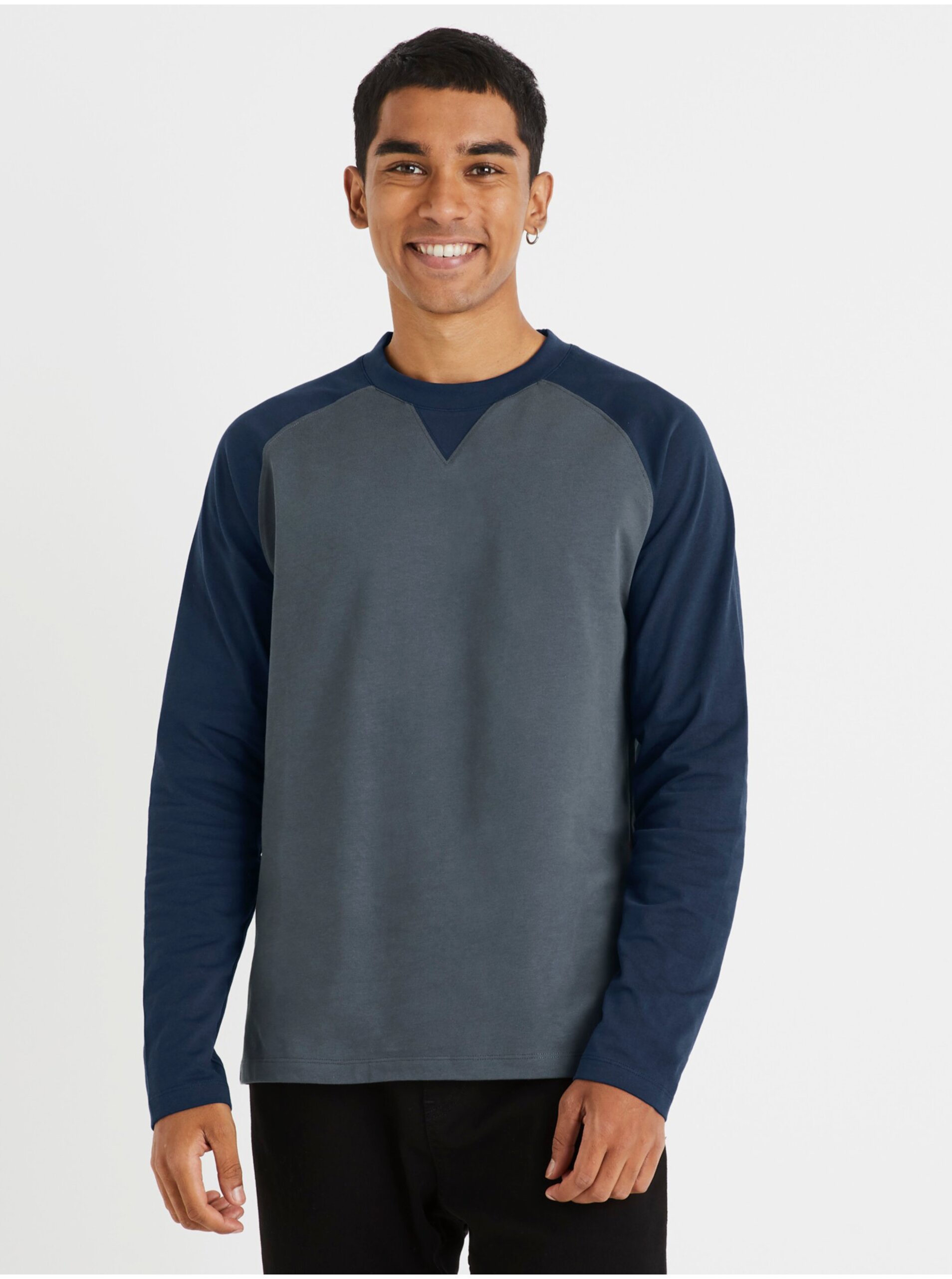 E-shop Modro-šedé pánské tričko s dlouhým rukávem tričko Celio Cesolrag
