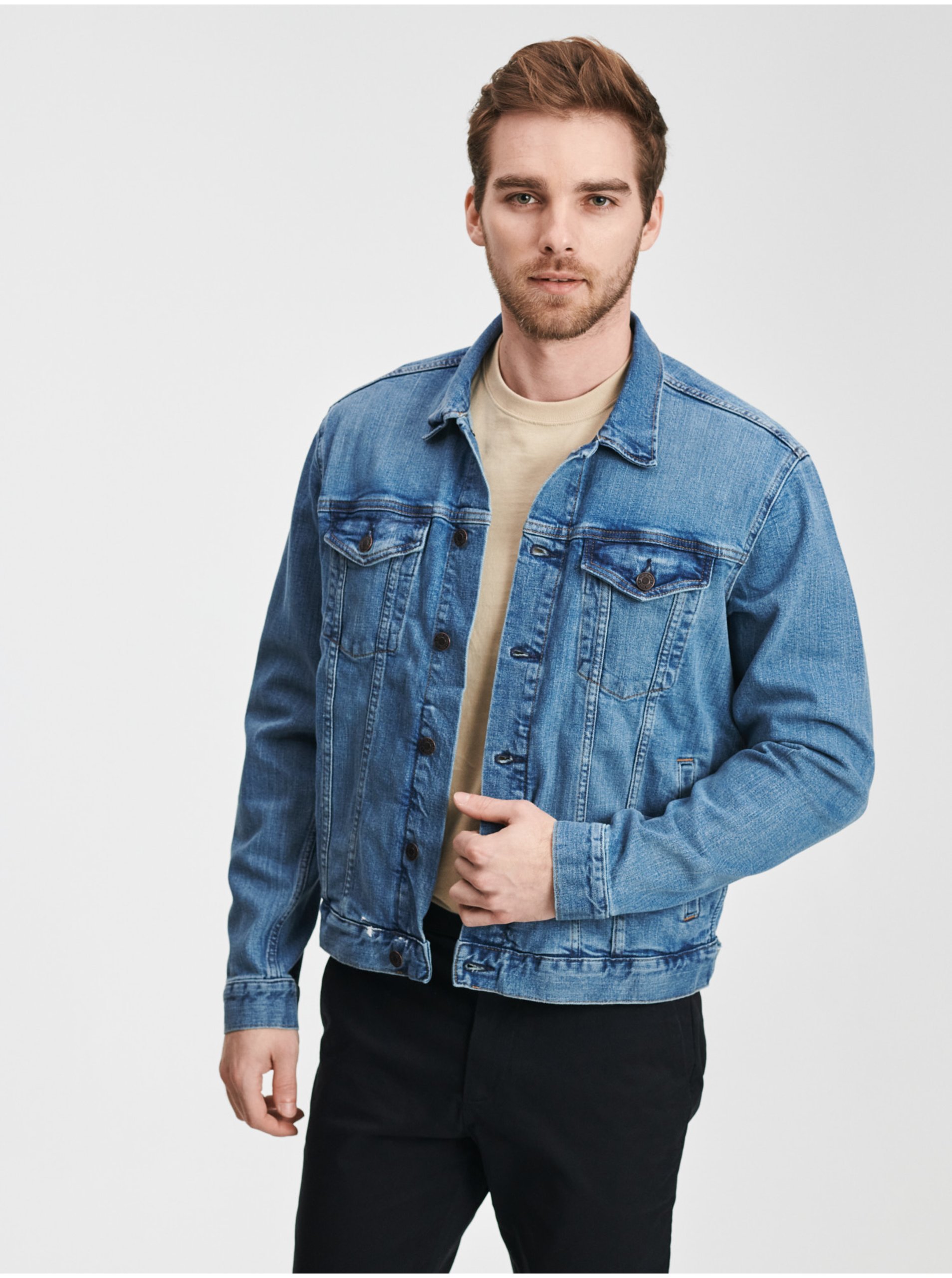 Levně Modrá pánská džínová bunda GAP v-flex denim icon - calm blue