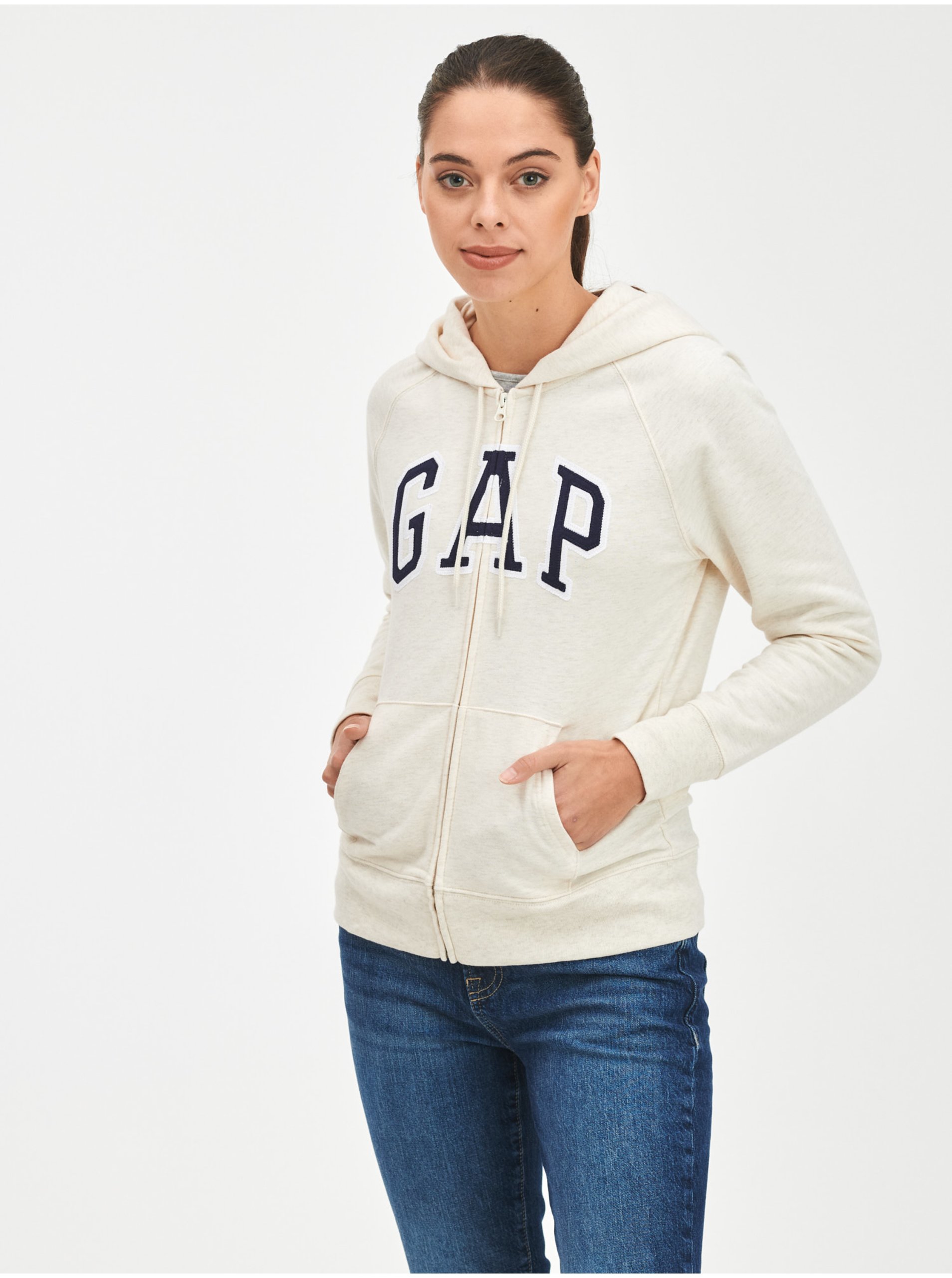 Levně Béžová dámská mikina GAP Logo full-zip hoodie