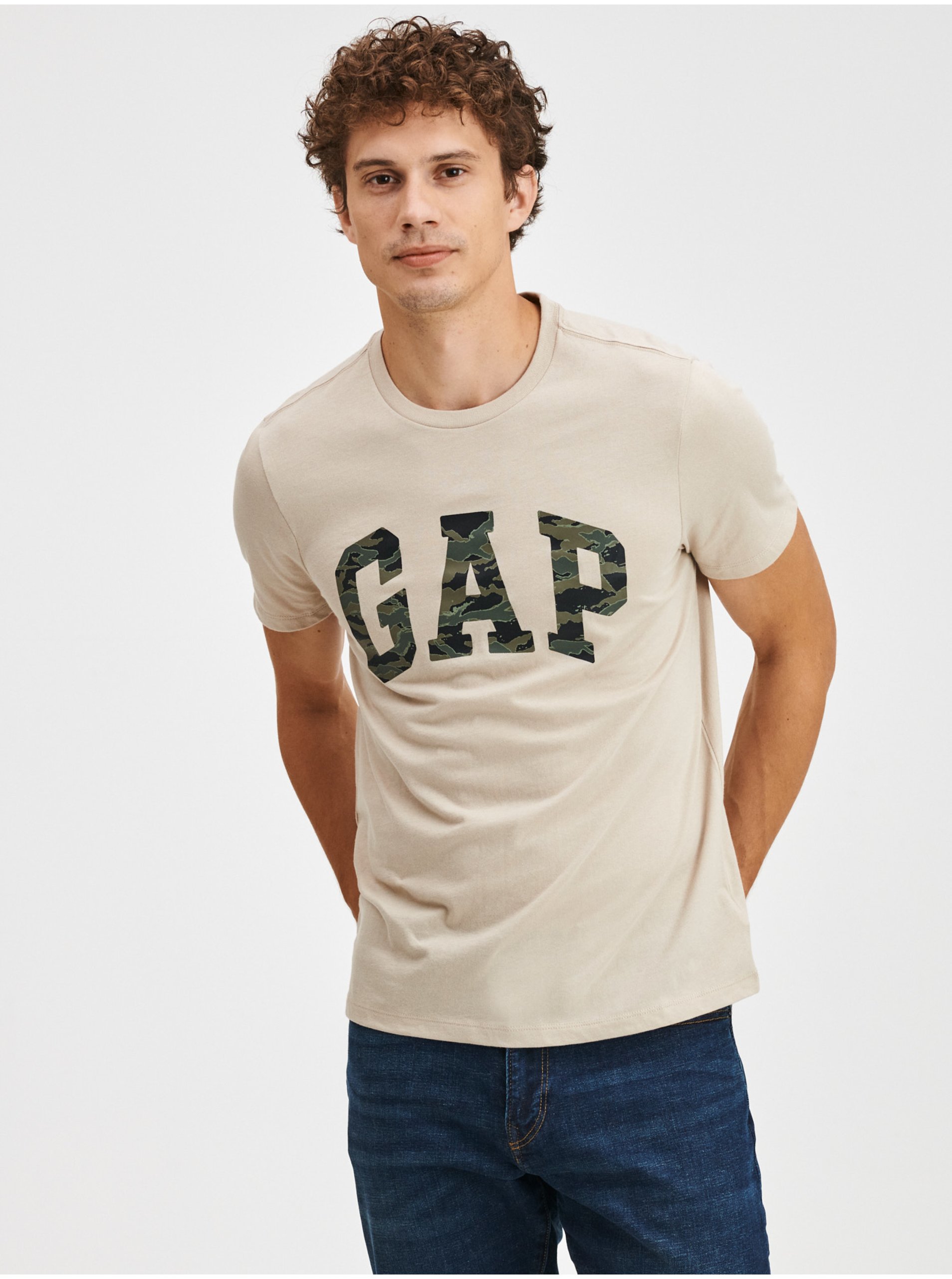 Levně Béžové pánské tričko GAP Logo t-shirt