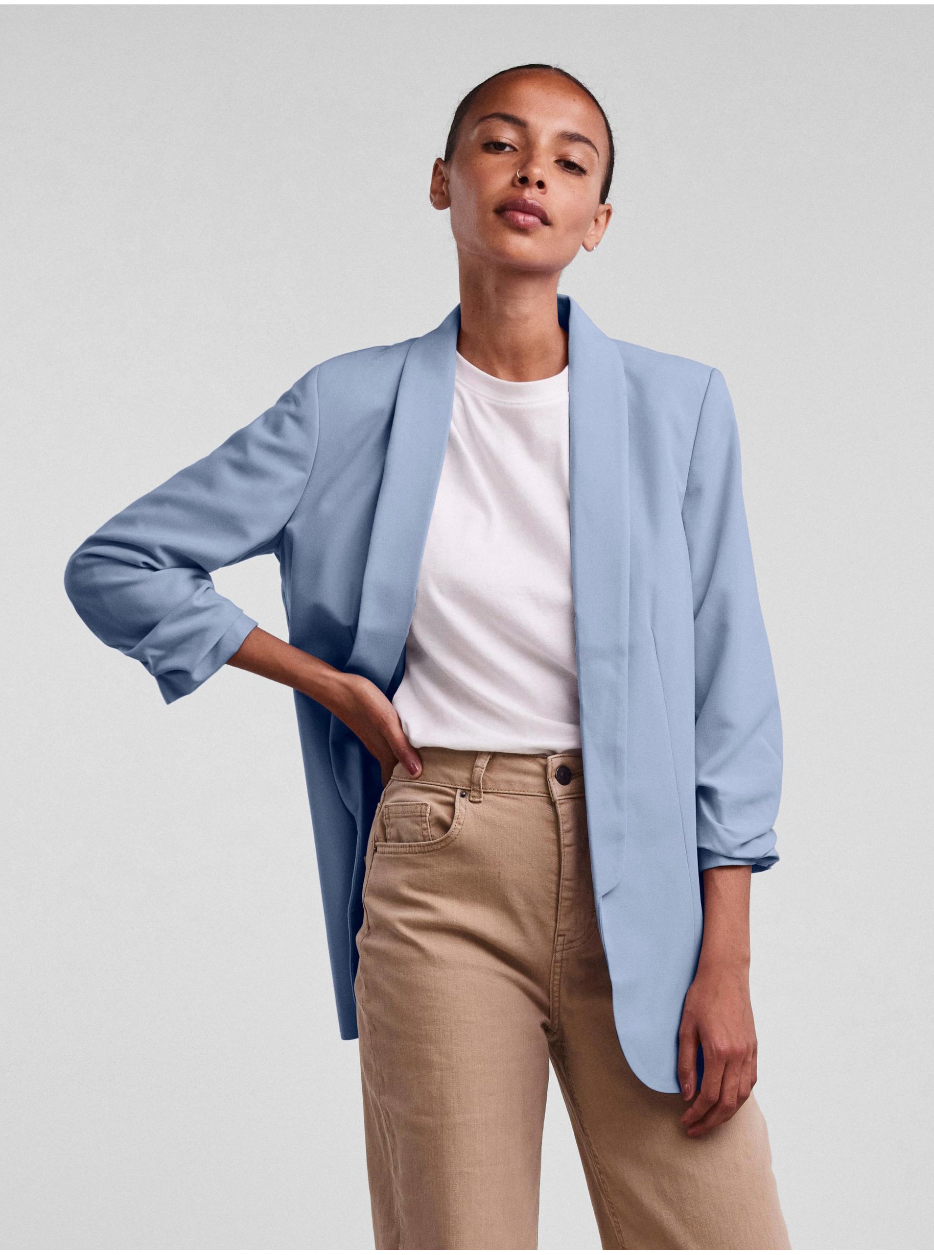 E-shop Světle modré dámské sako s tříčtvrtečním rukávem Pieces Boss