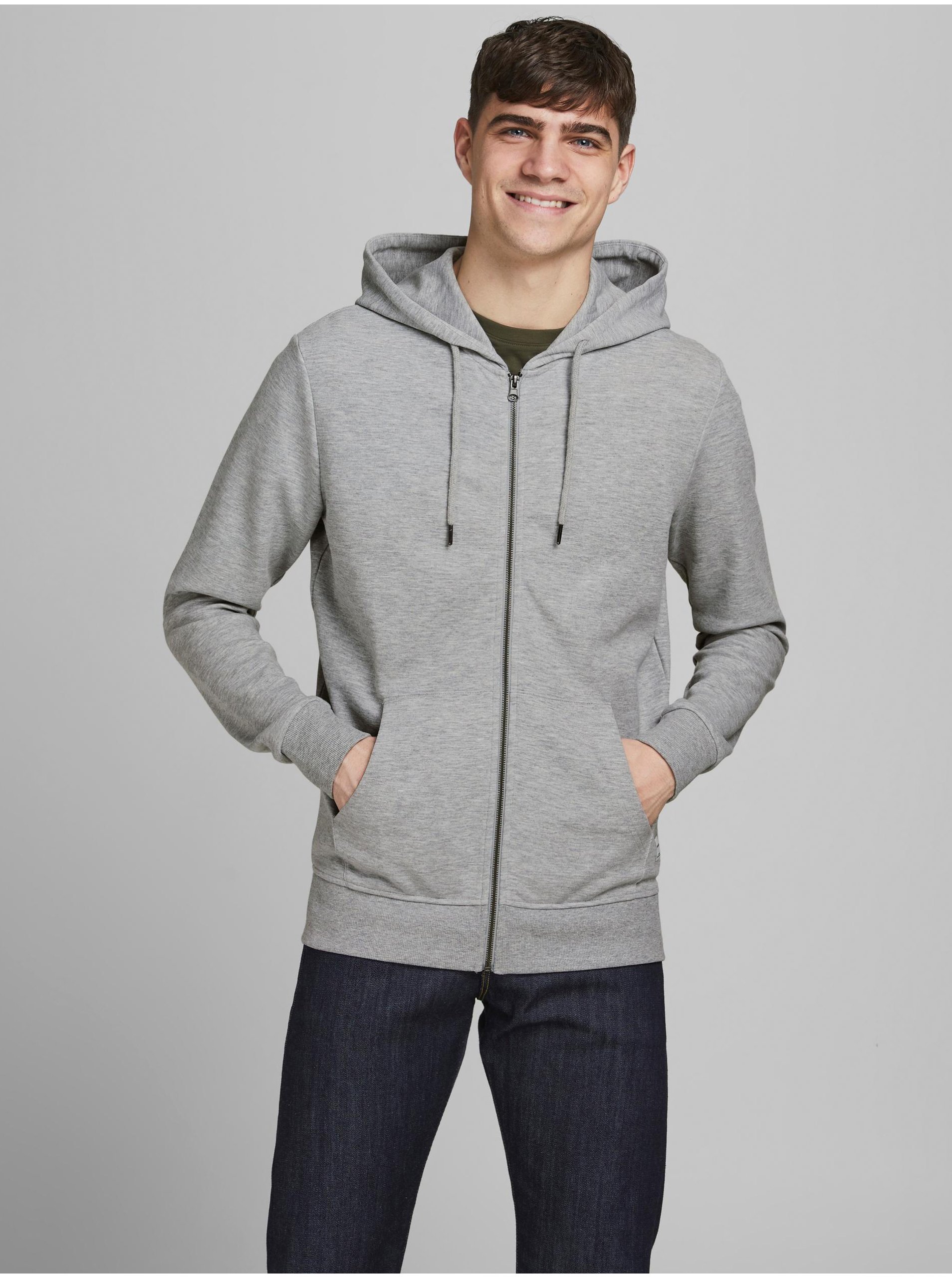 Levně Světle šedá basic mikina s kapucí Jack & Jones