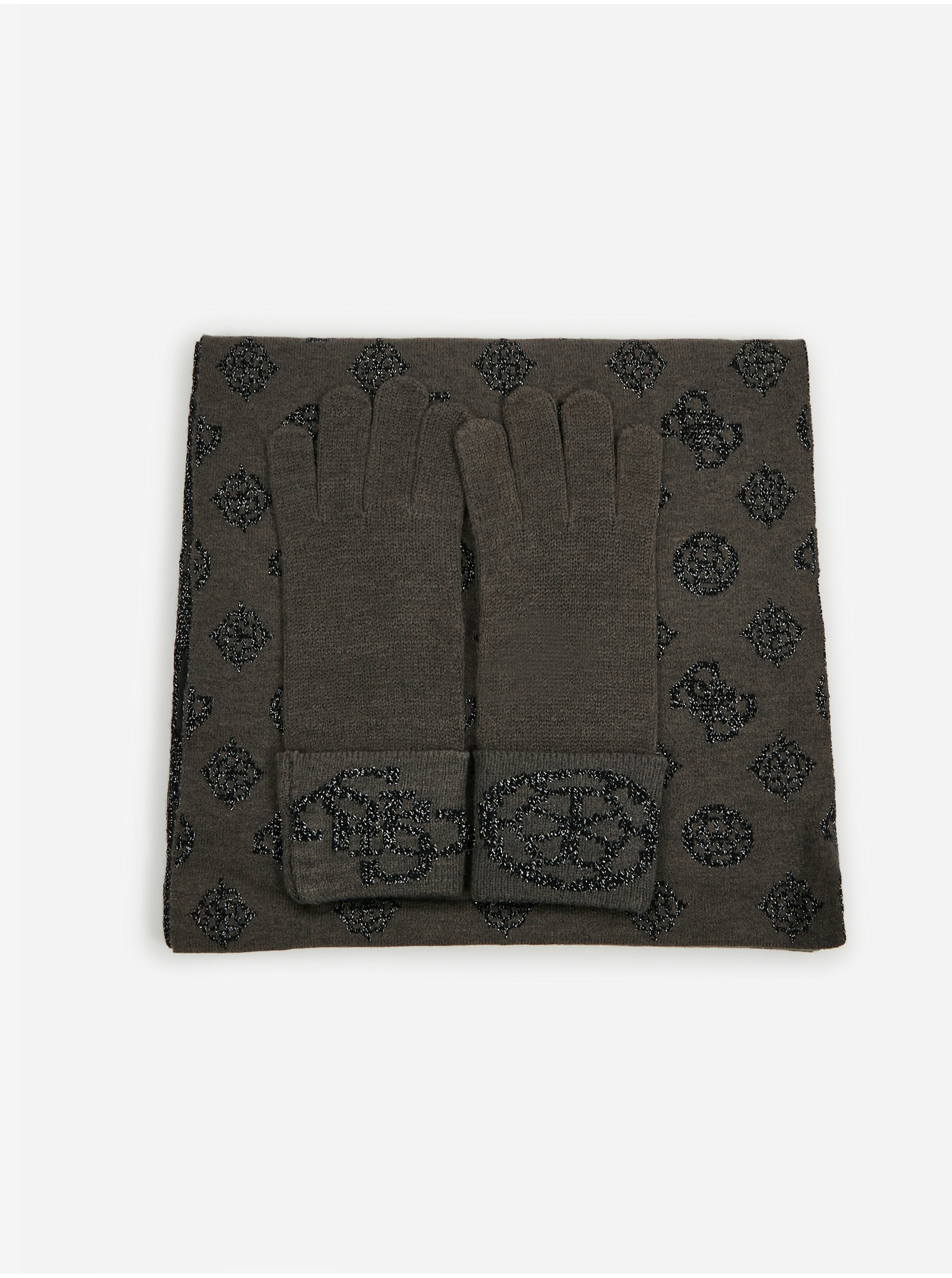 Lacno Sada dámskych vzorovaných rukavíc a šálu v čierno-hnedej farbe Guess