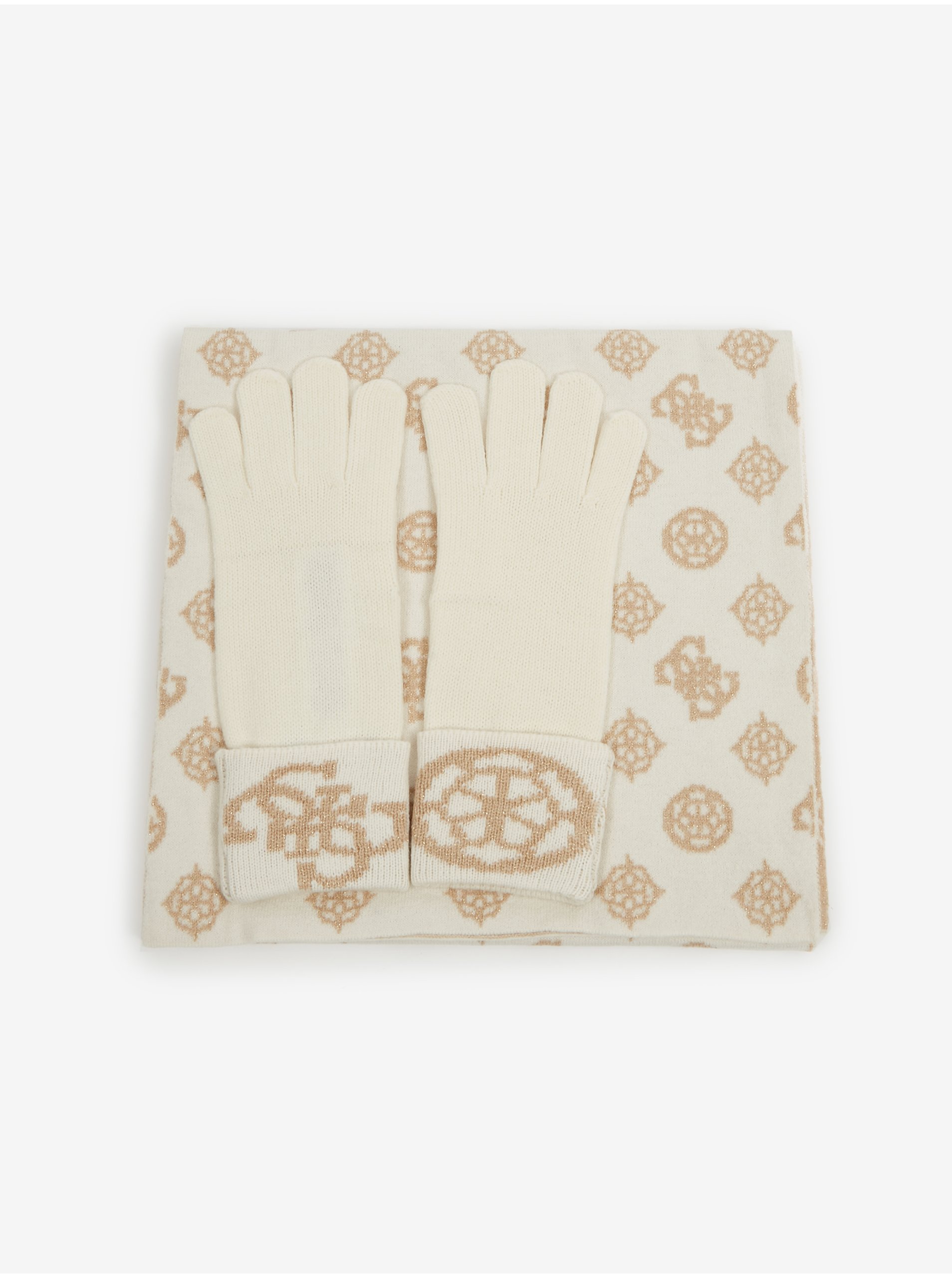 Lacno Sada dámskych vzorovaných rukavíc a šálu v béžovo-krémovej farbe Guess