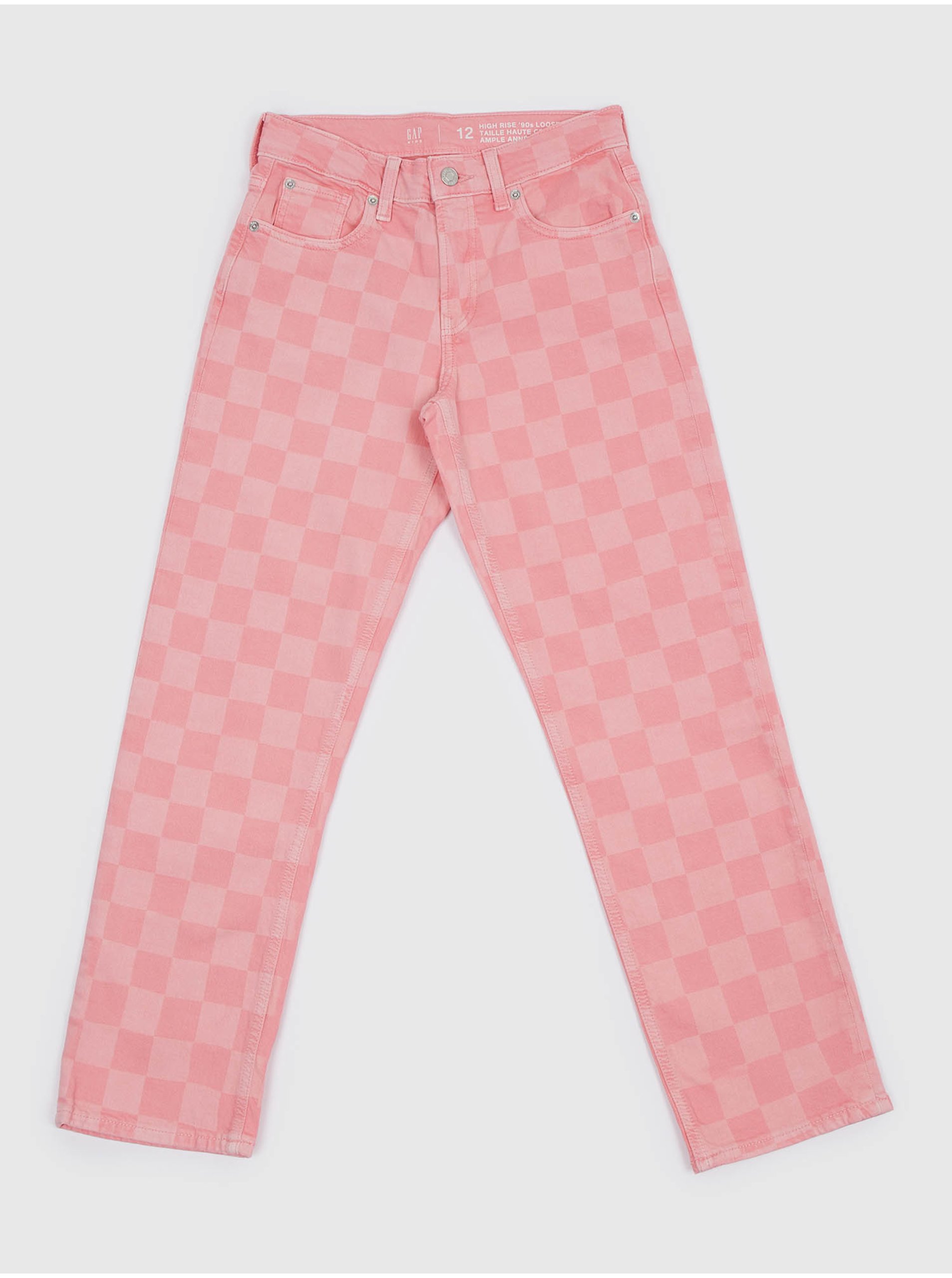 Levně Růžové holčičí kostkované džínové kalhoty GAP
