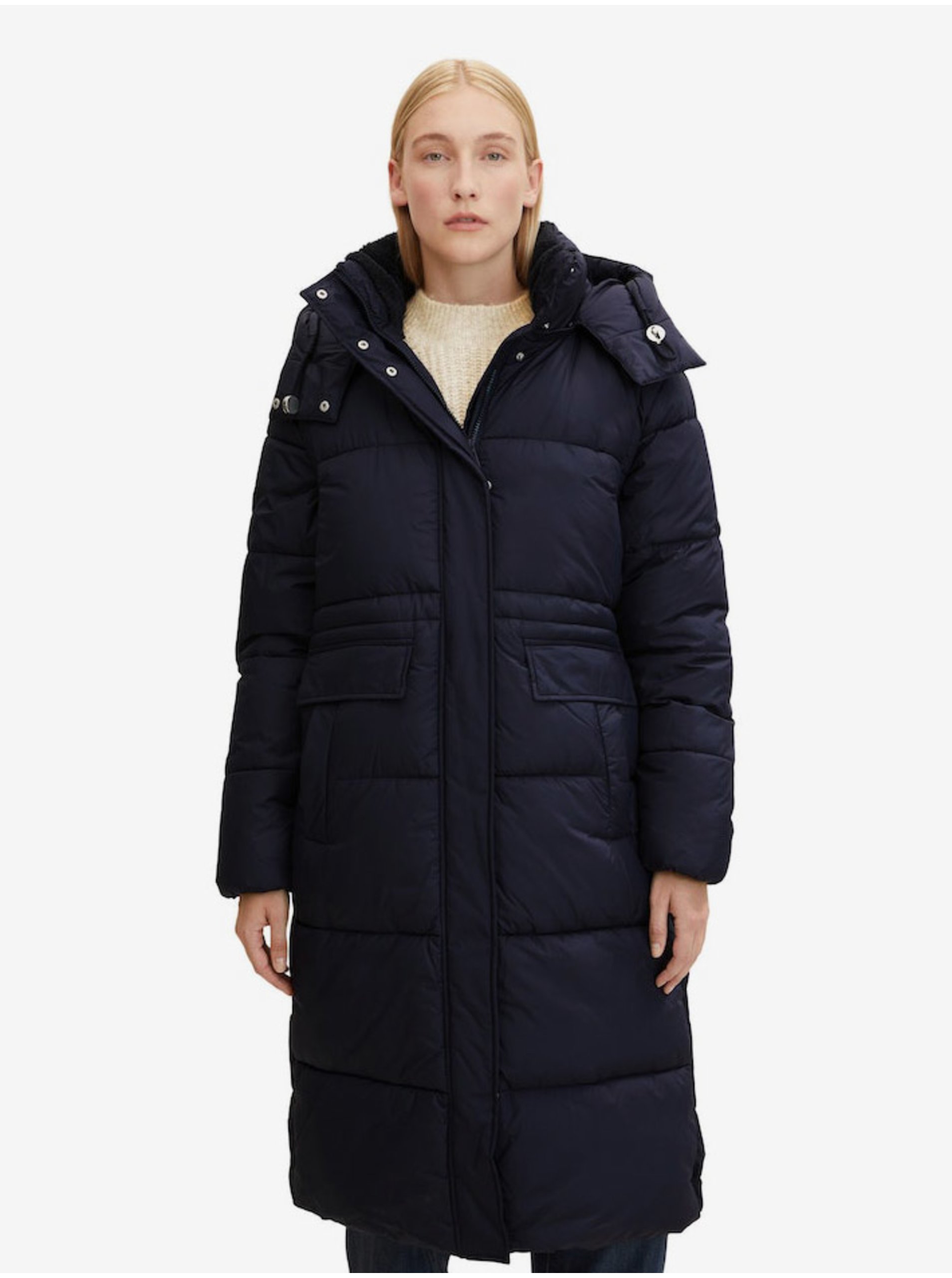 E-shop Tmavě modrý dámský prošívaný zimní kabát s odepínacími rukávy a kapucí Tom Tailor