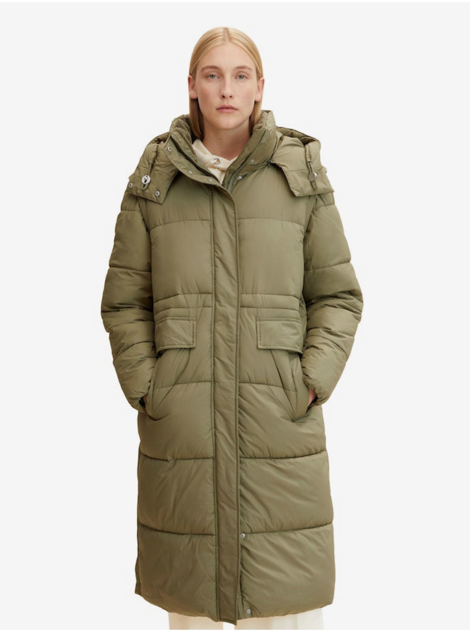 E-shop Zelený dámský prošívaný zimní kabát s odepínacími rukávy a kapucí Tom Tailor