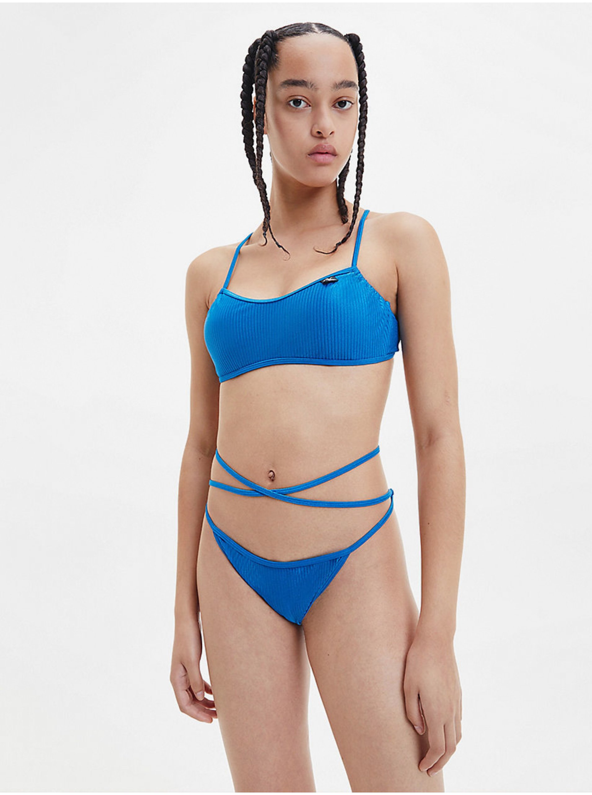 Lacno Modrý dámsky rebrovaný spodný diel plaviek Calvin Klein Underwear