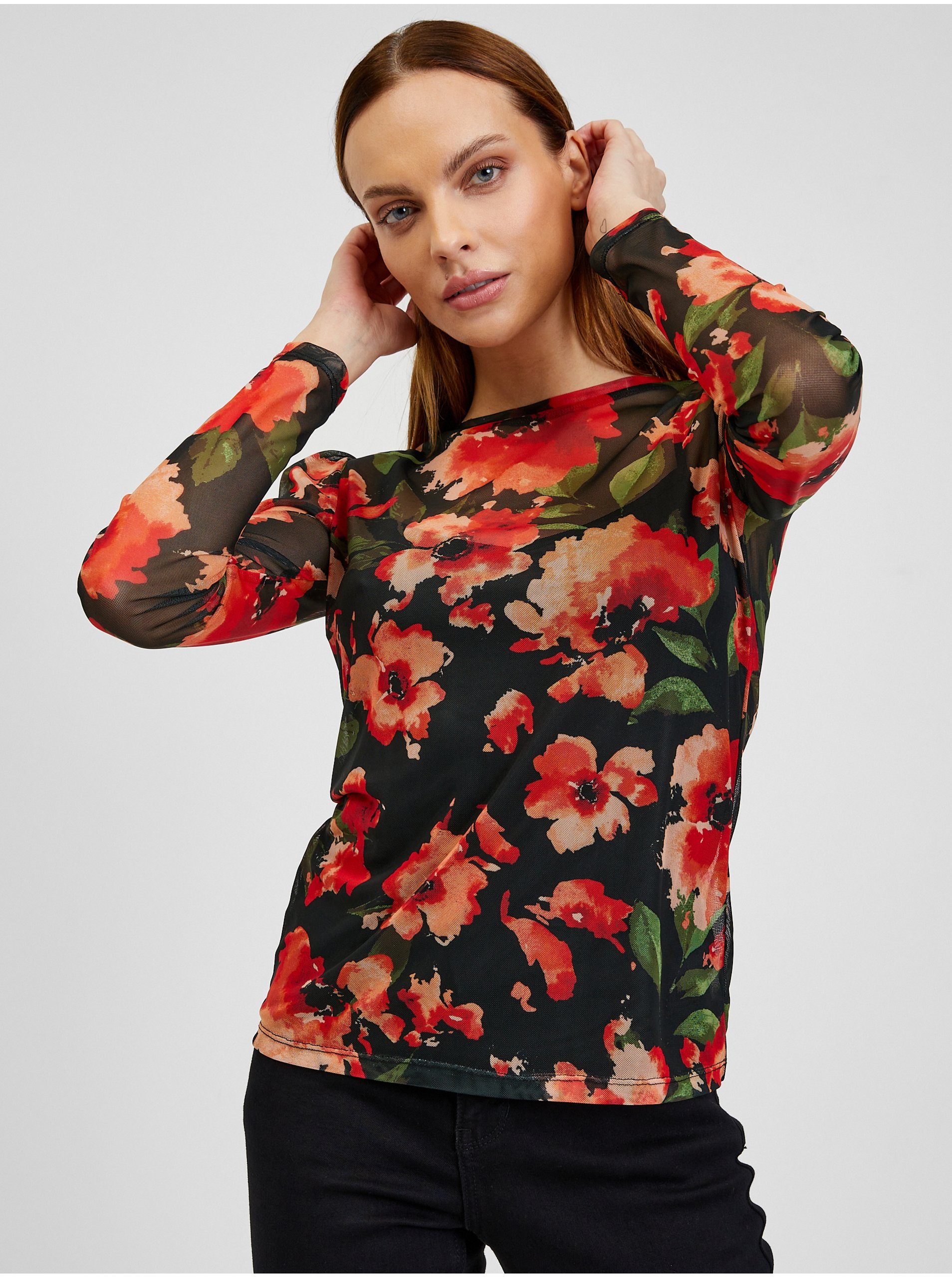 Levně Červeno-černé dámské květované tričko ORSAY
