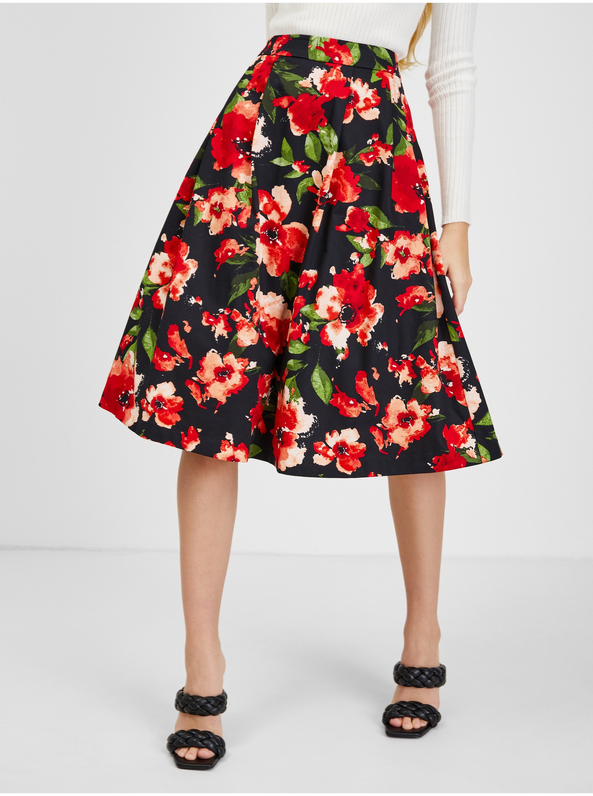 E-shop Červeno-černá dámská květovaná sukně ORSAY