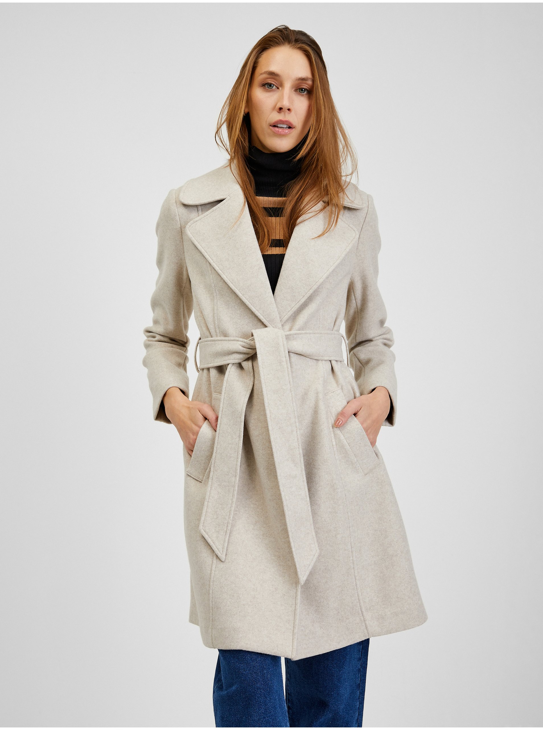 Levně Béžový dámský zimní kabát s páskem ORSAY