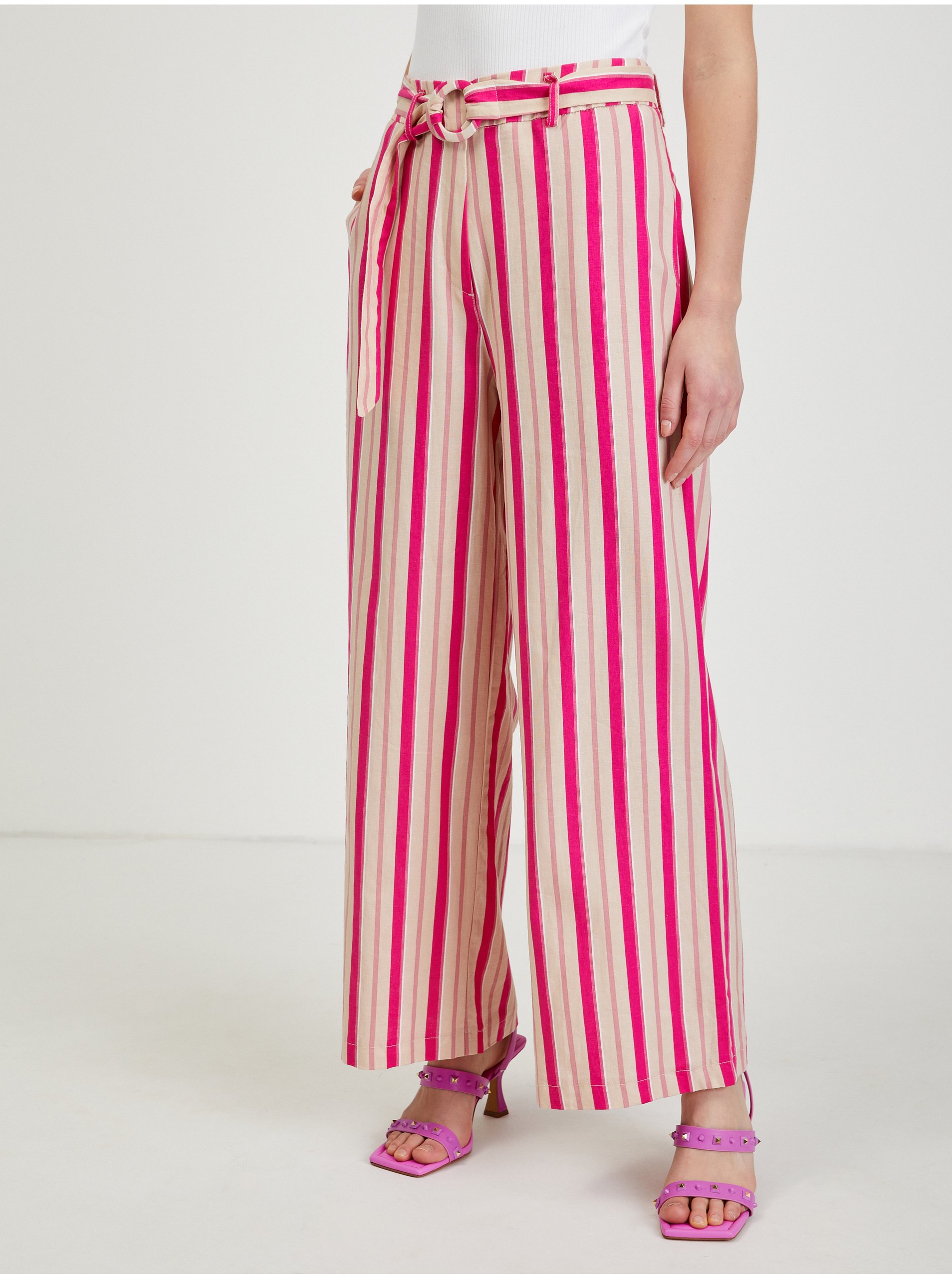 E-shop Růžové dámské lněné pruhované kalhoty ORSAY