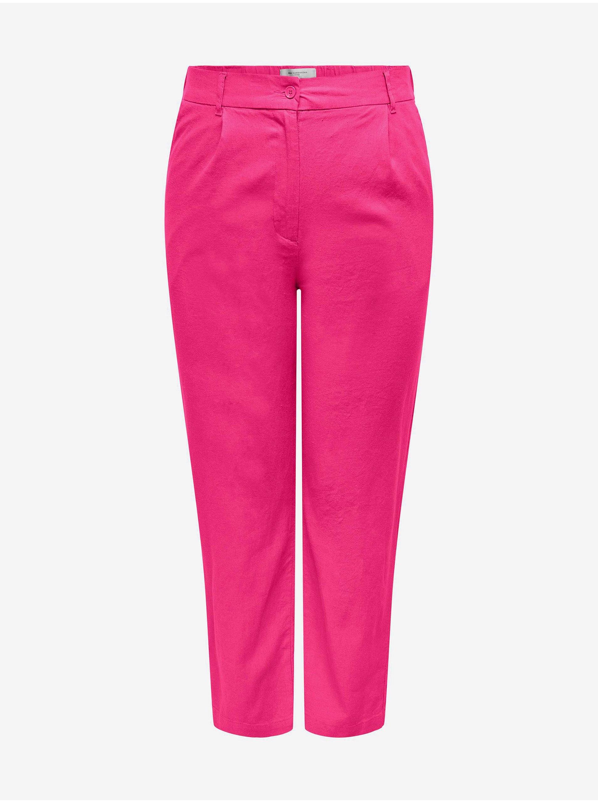 Levně Tmavě růžové dámské lněné kalhoty ONLY CARMAKOMA Caro