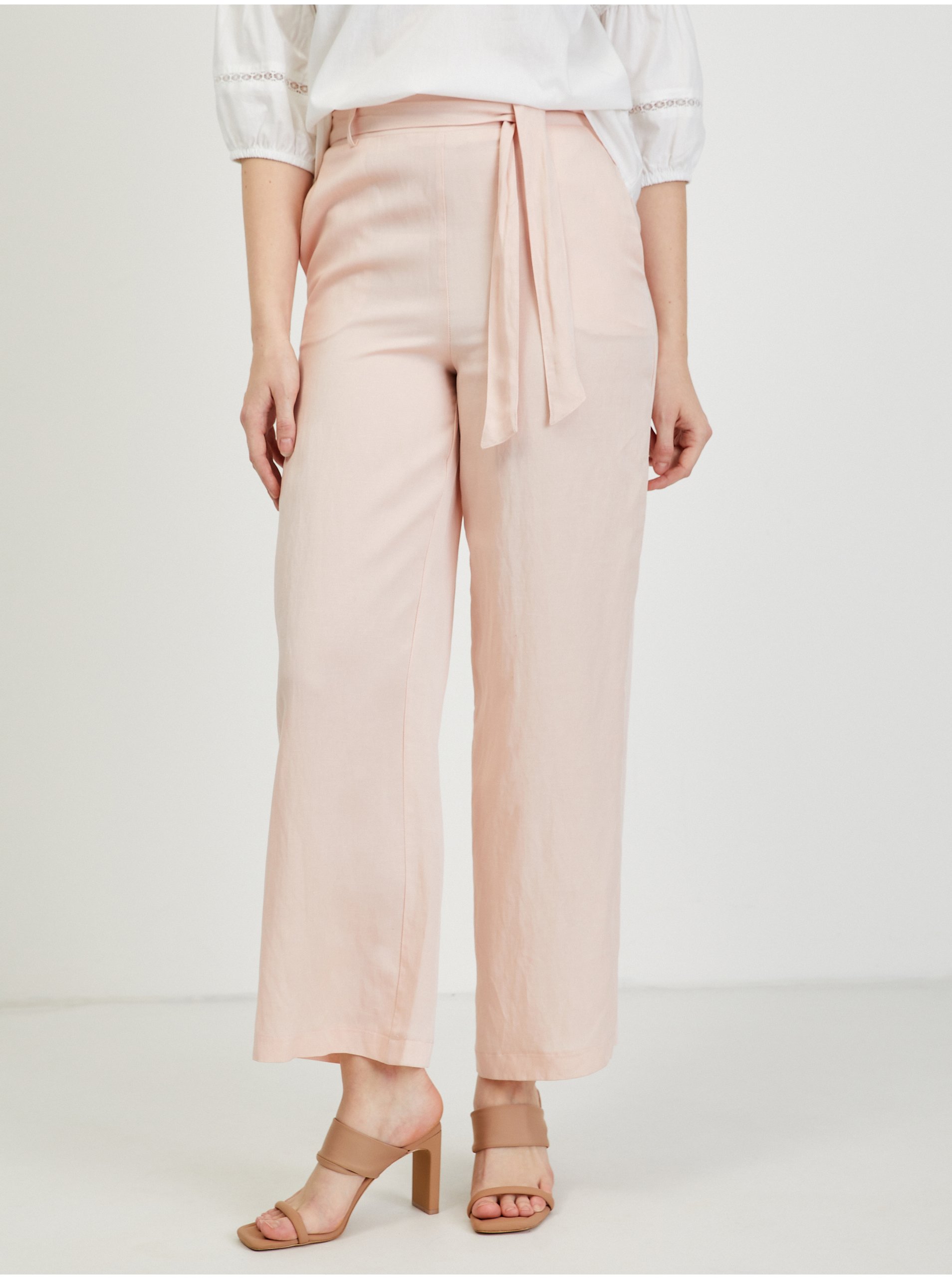 E-shop Světle růžové dámské kalhoty s příměsí lnu ORSAY