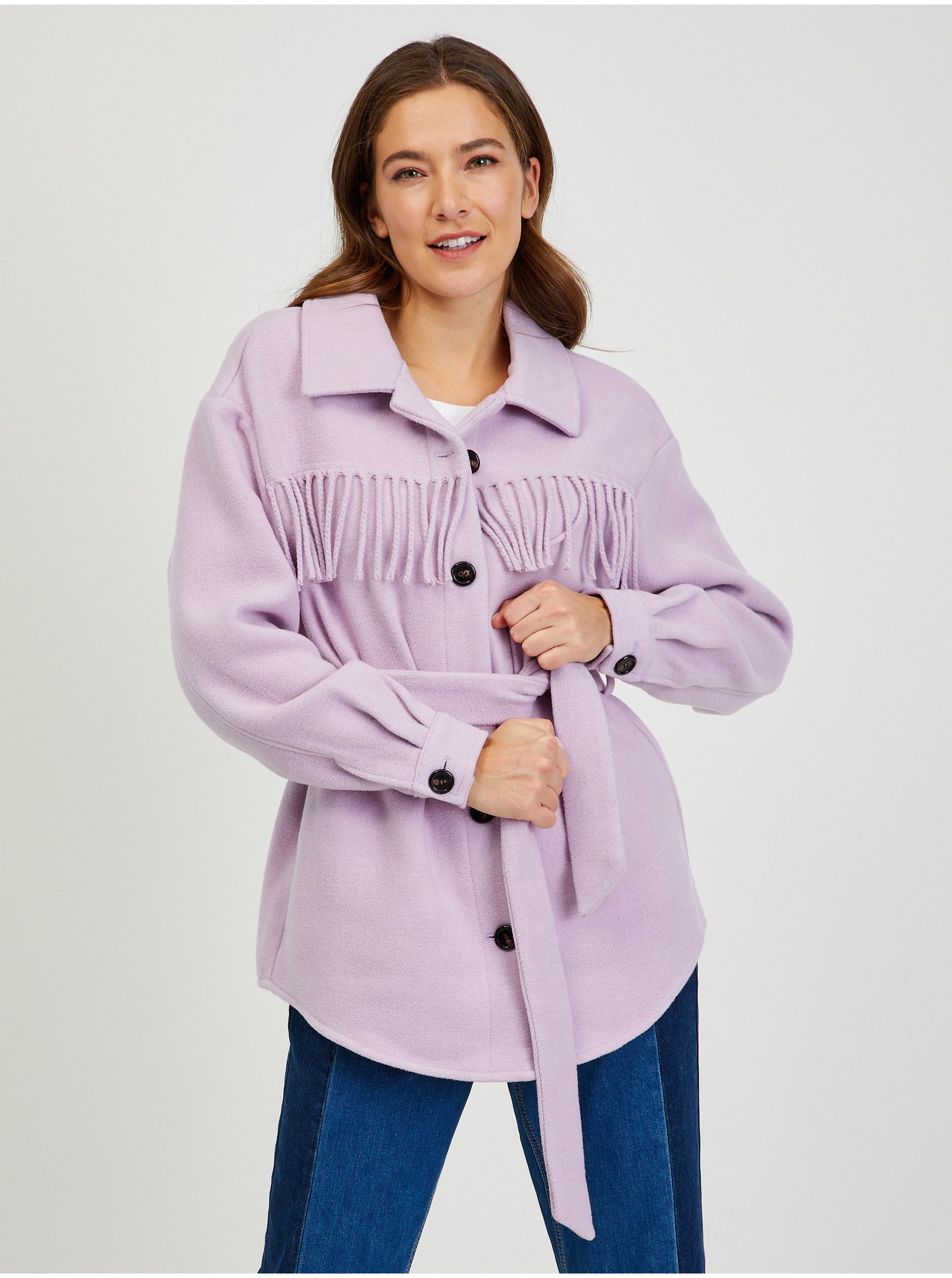 Levně Světle fialová košilová bunda s třásněmi ORSAY