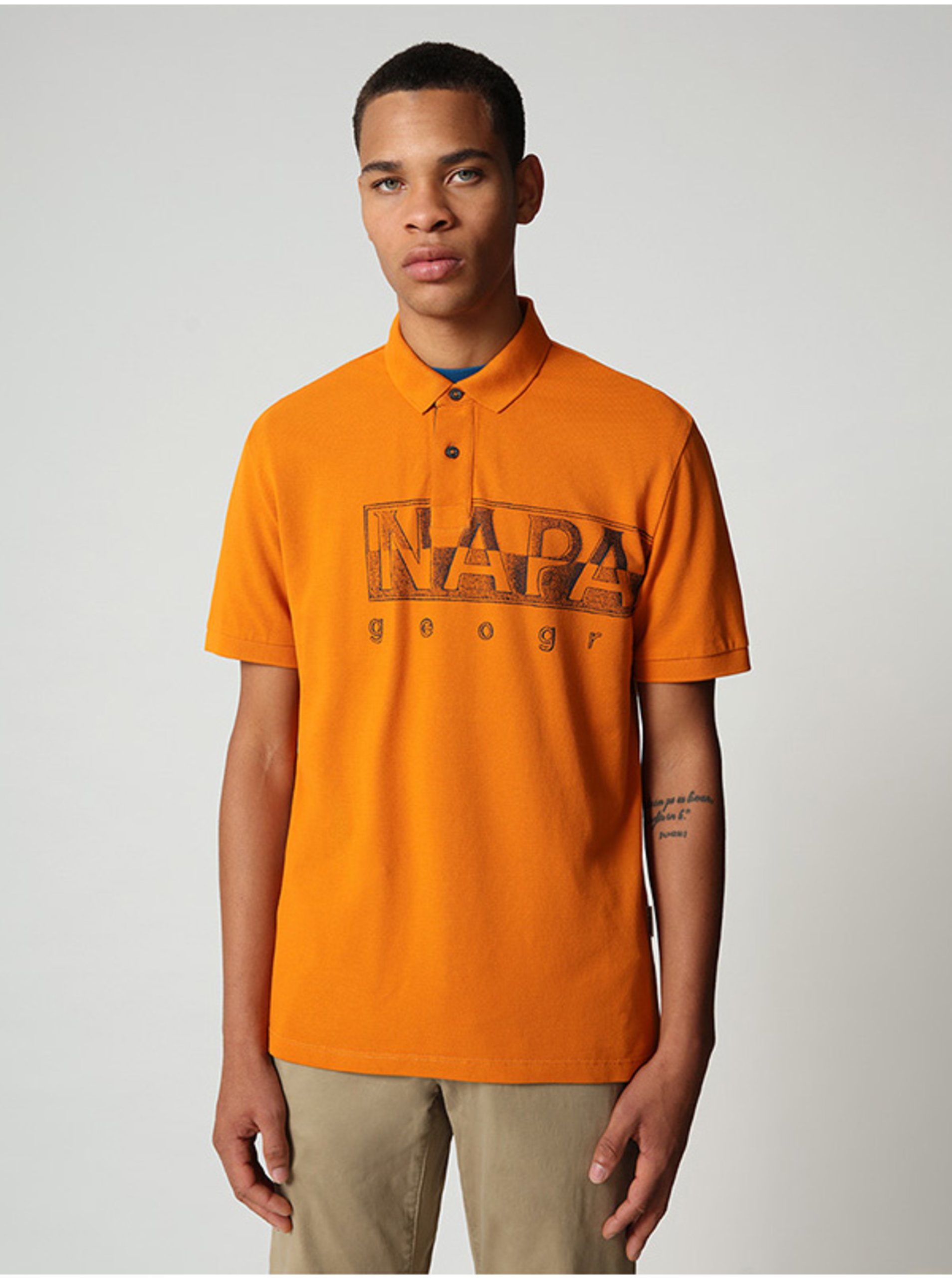 Lacno Oranžové pánske tričko s potlačou Napapijri Eallar