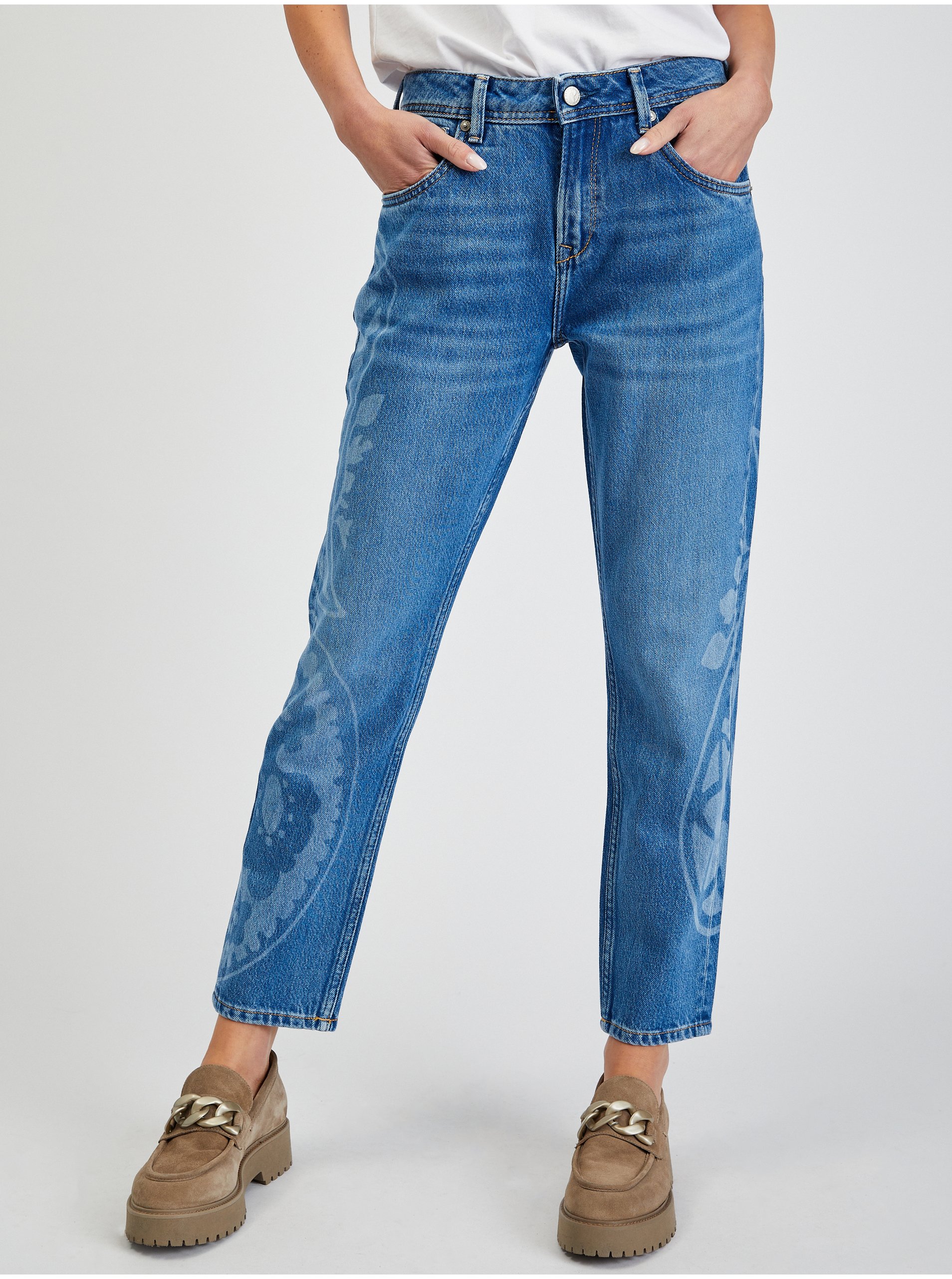 Levně Modré dámské vzorované zkrácené straight fit džíny Pepe Jeans Violet Bandani