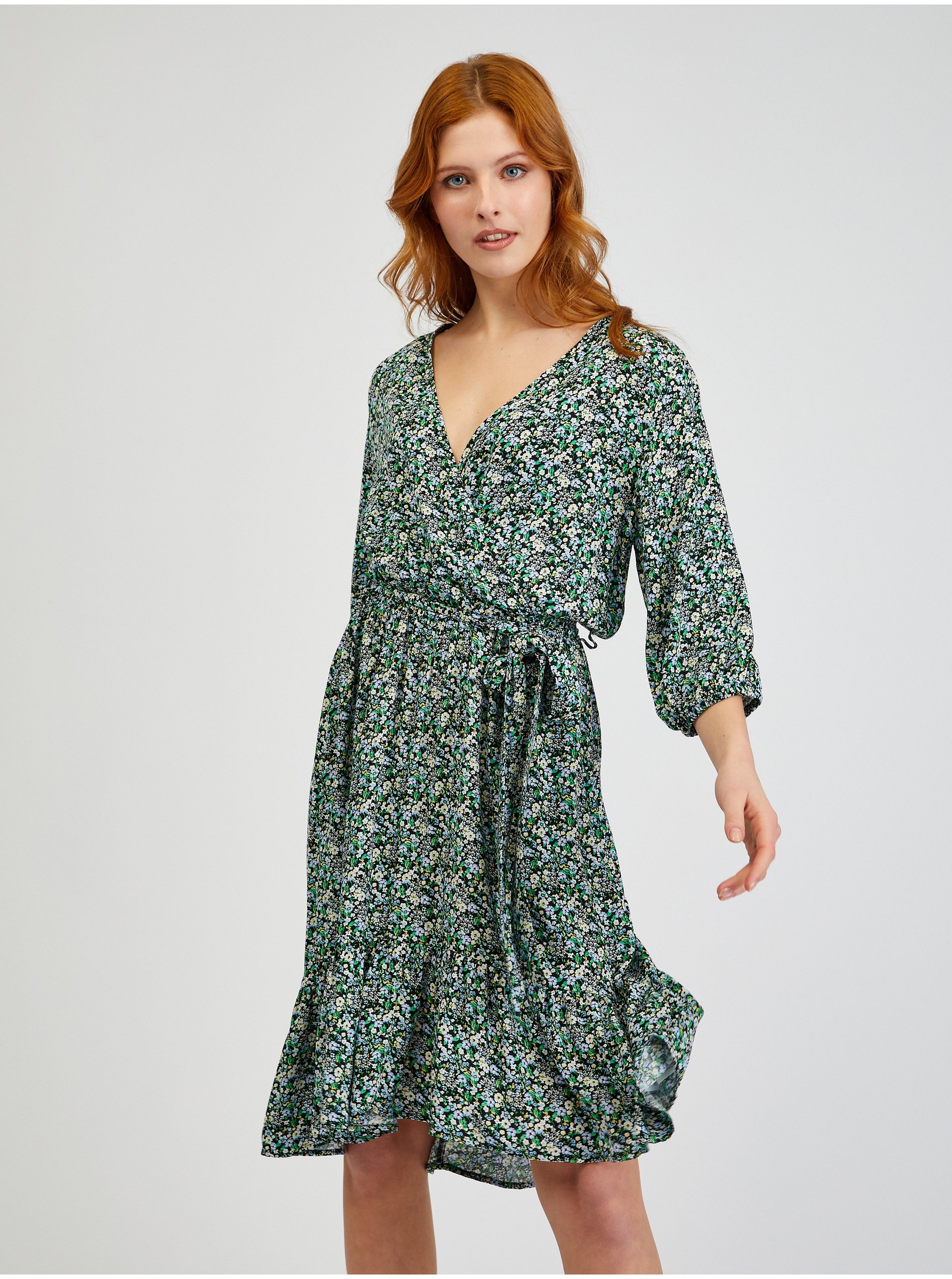 Levně Zelené dámské vzorované šaty se zavazováním ORSAY