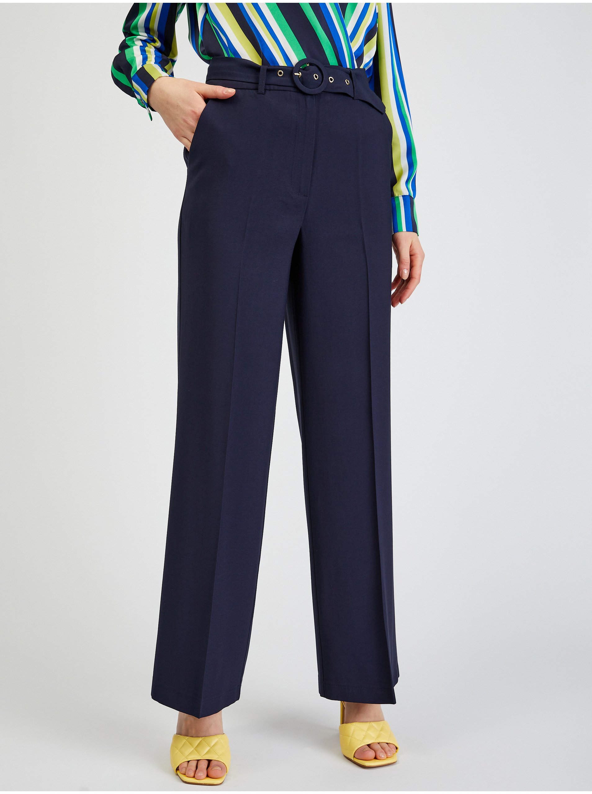 Levně Tmavě modré dámské široké kalhoty s páskem ORSAY