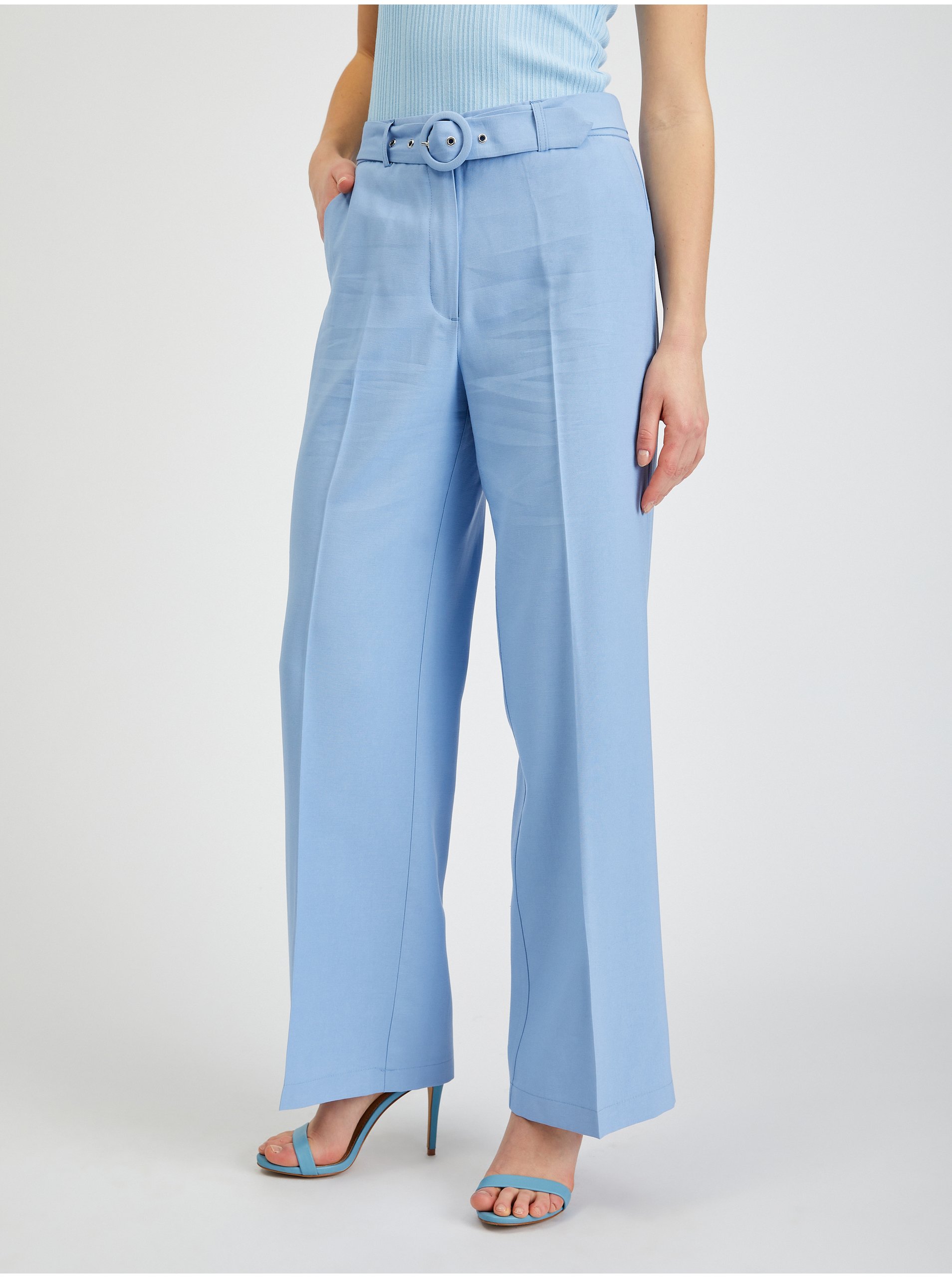 Levně Světle modré dámské široké kalhoty s páskem ORSAY