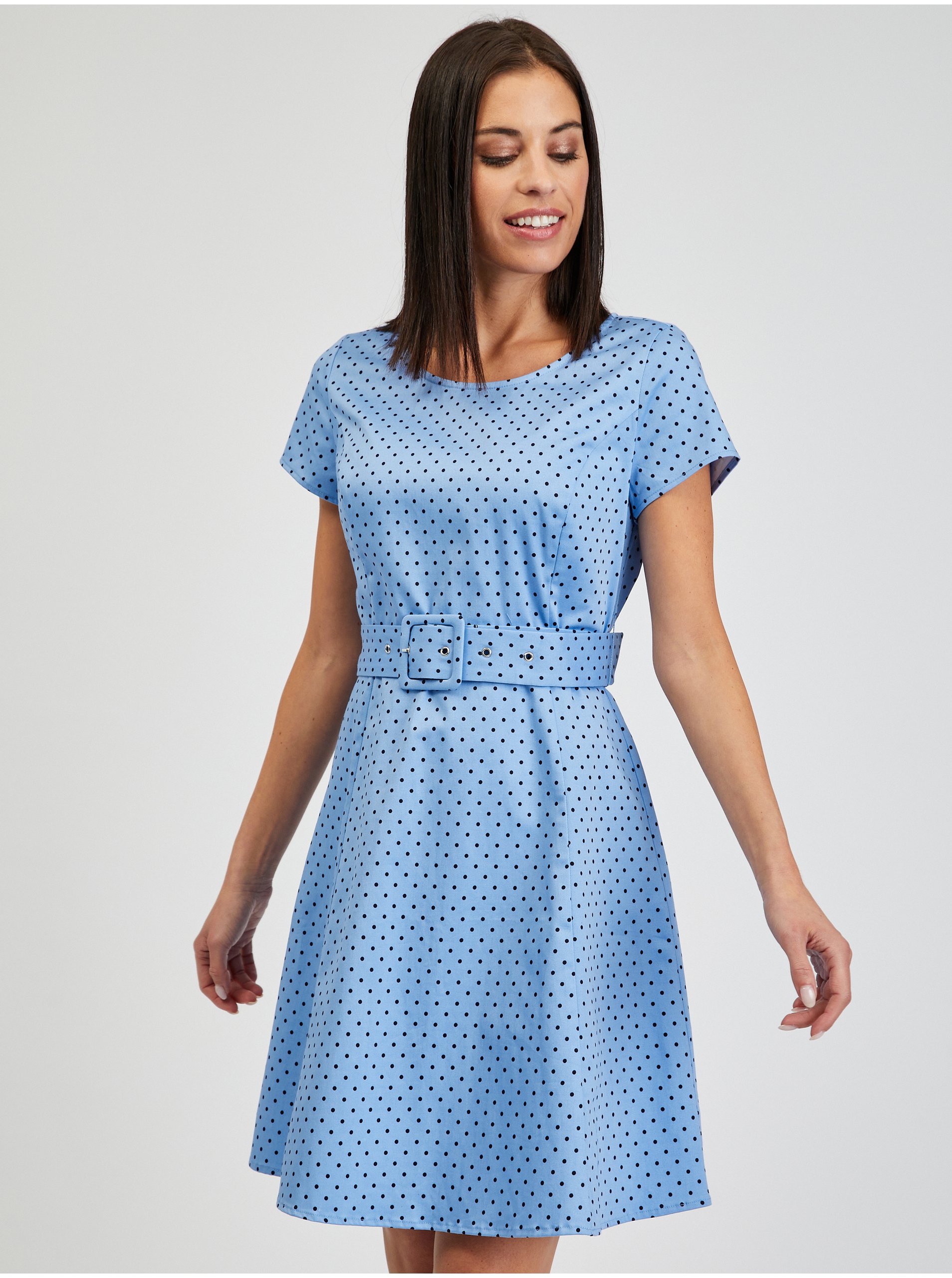 Levně Modré dámské puntíkované šaty s páskem ORSAY