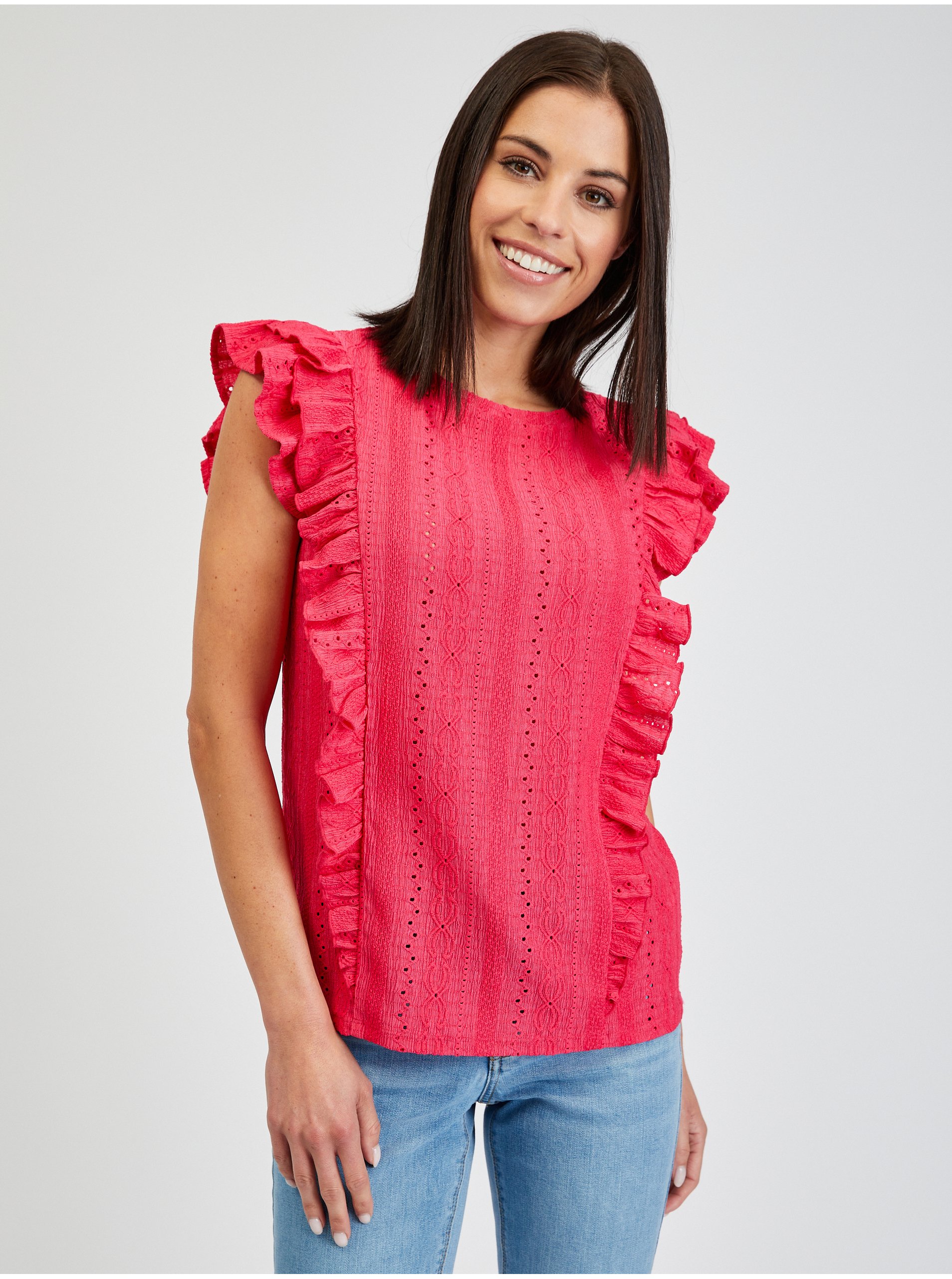 Levně Tmavě růžové dámské tričko s volány ORSAY