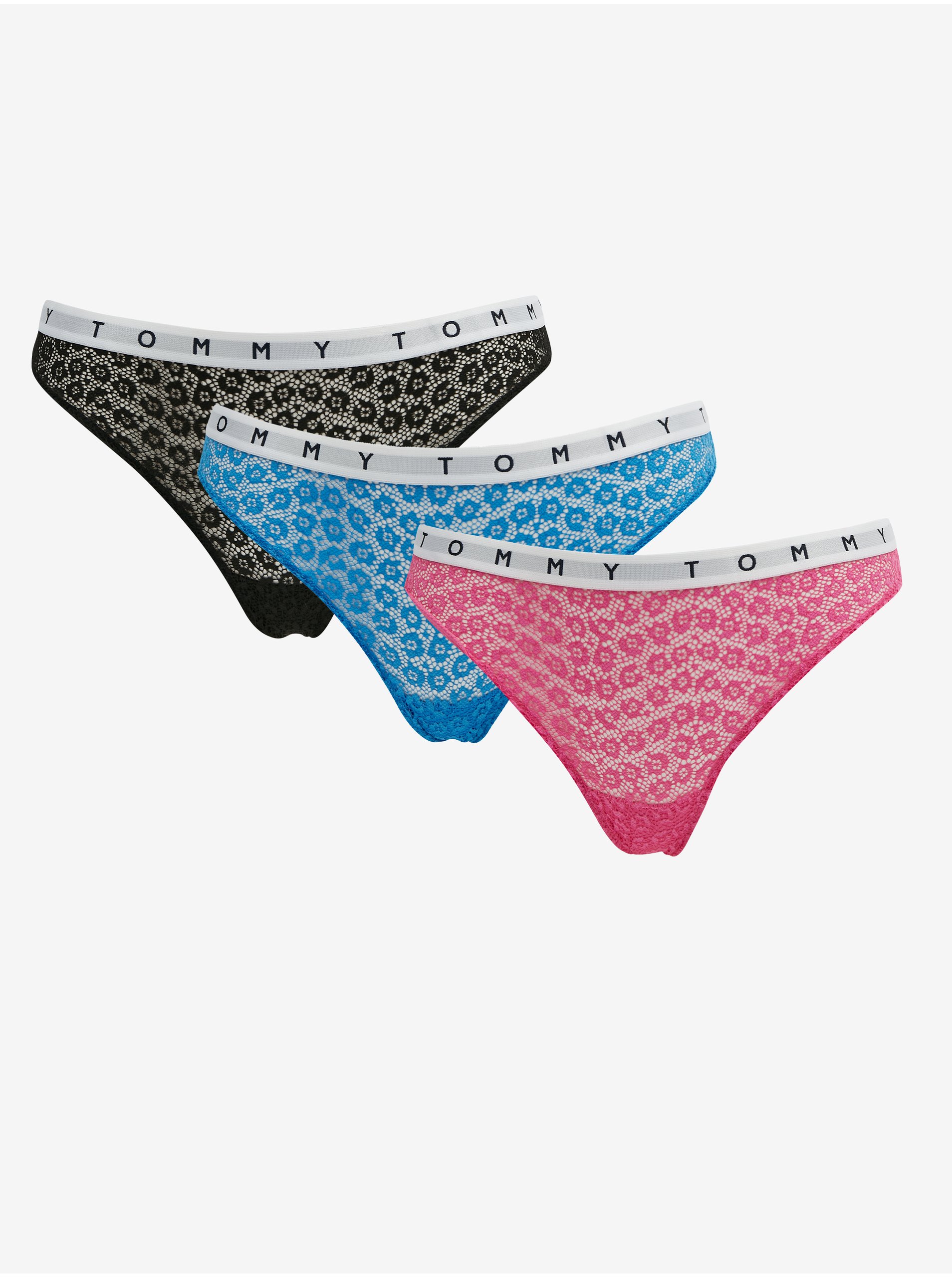 Levně Sada tří dámských krajkových tang v černé, modré a růžové barvě Tommy Hilfiger Underwear