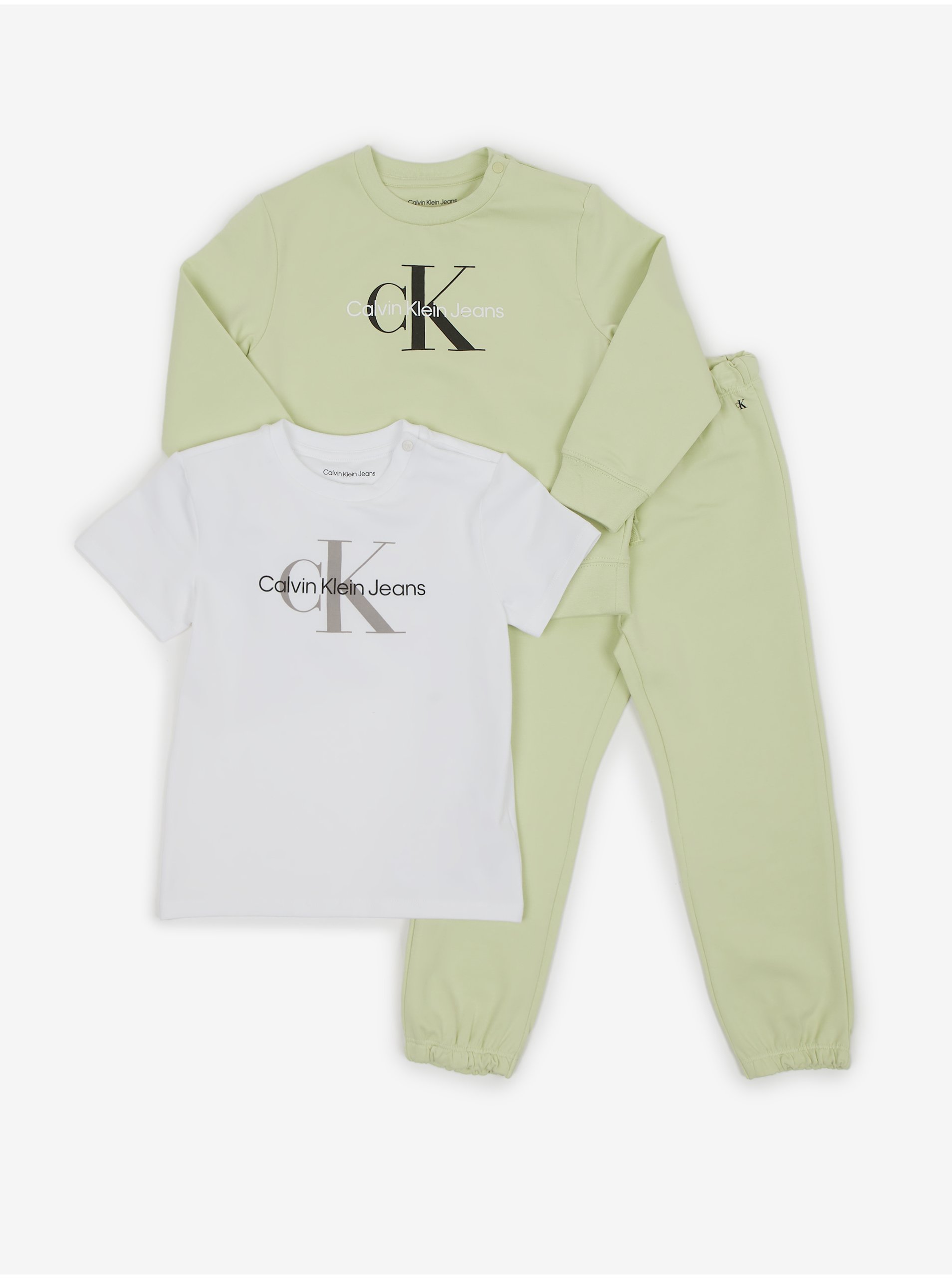 Levně Sada holčičího trička, mikiny a tepláků v bílé a zelené barvě Calvin Klein Jeans