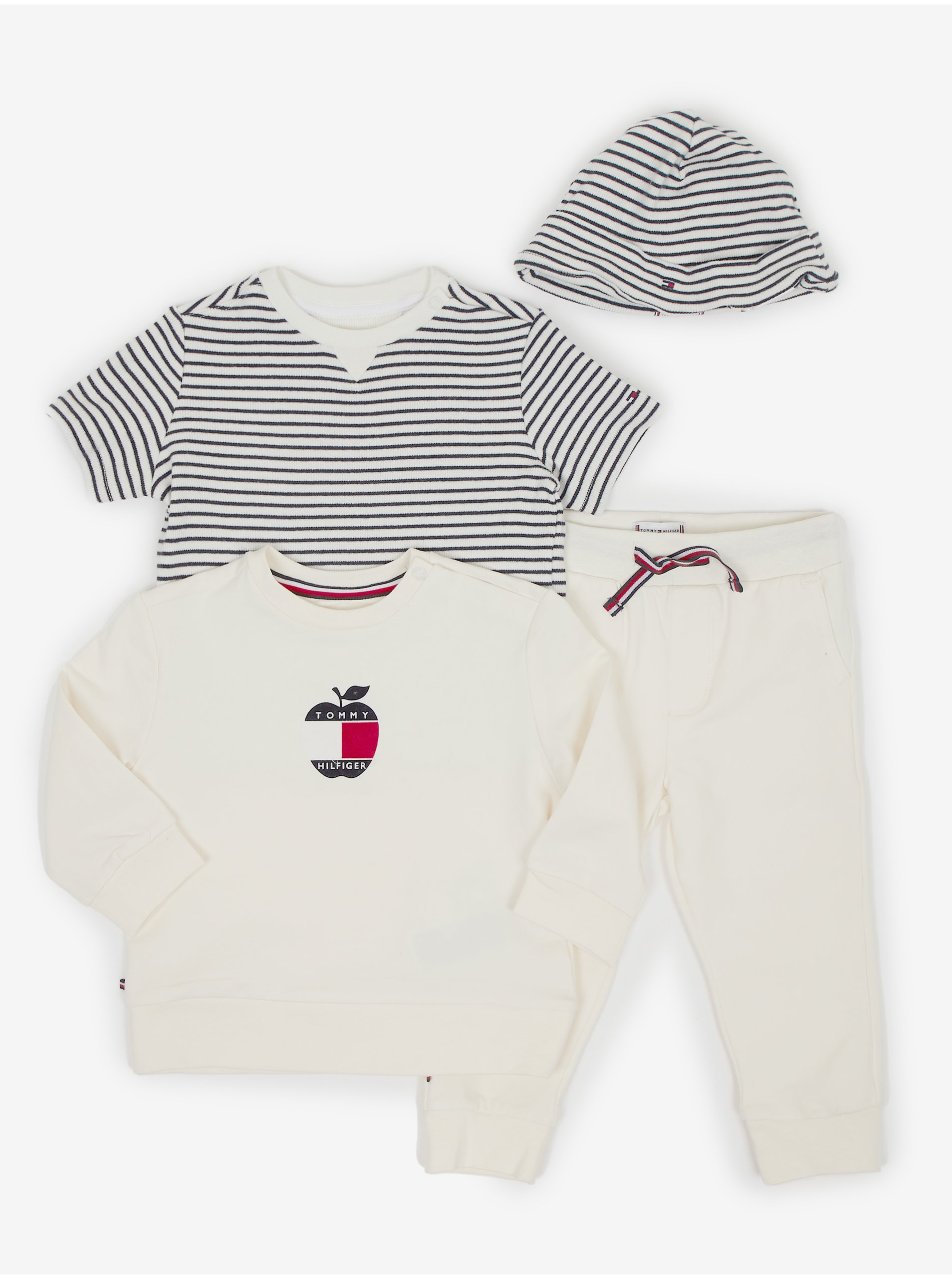 Levně Sada dětského trička, mikiny, tepláků a čepice v modro-bílé a krémové barvě Tommy Hilfiger