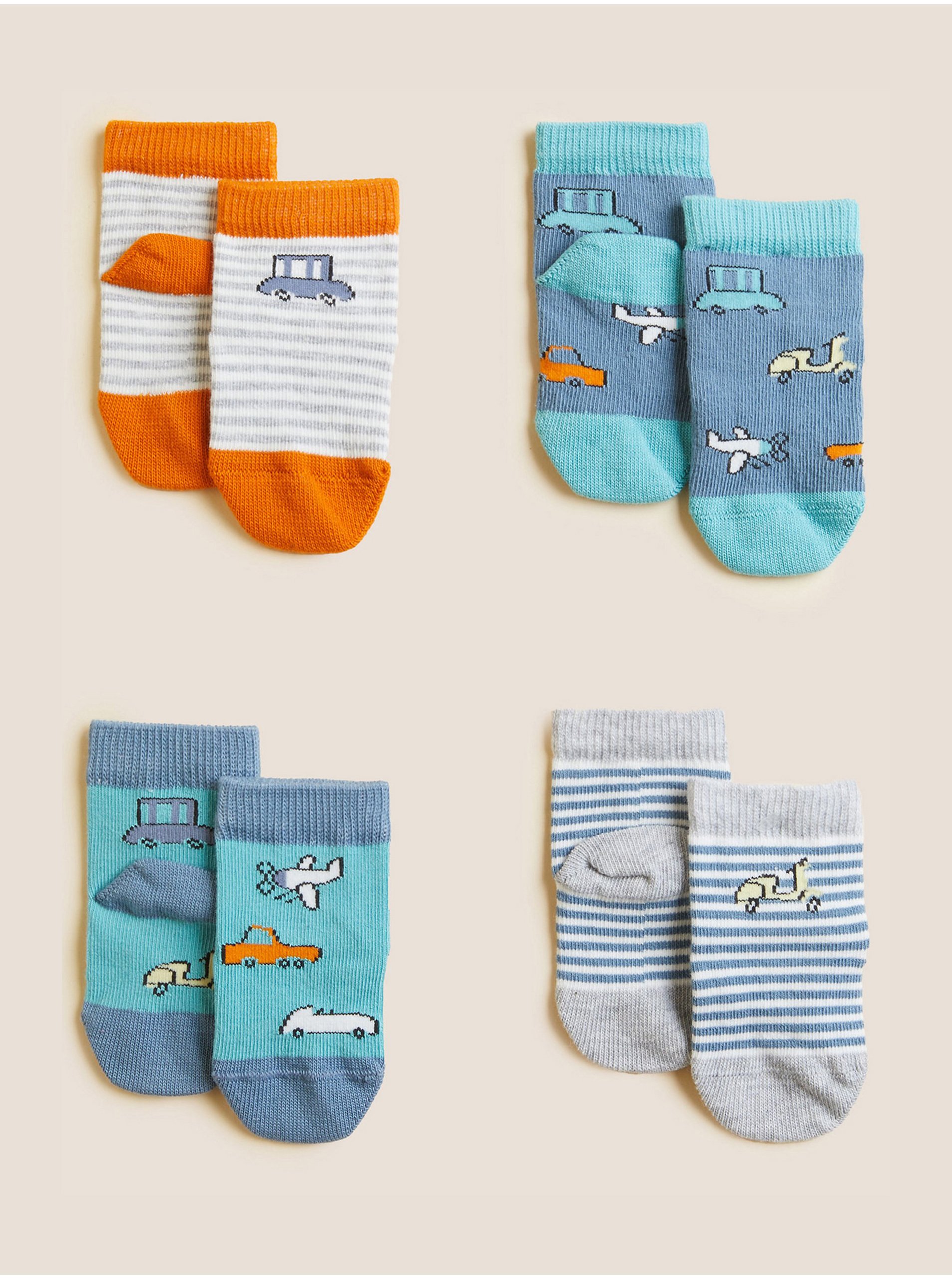 Levně Sada čtyř párů klučičích ponožek v modré, šedé, bílé a oranžové barvě s motivem dopravních prostředků Marks & Spencer