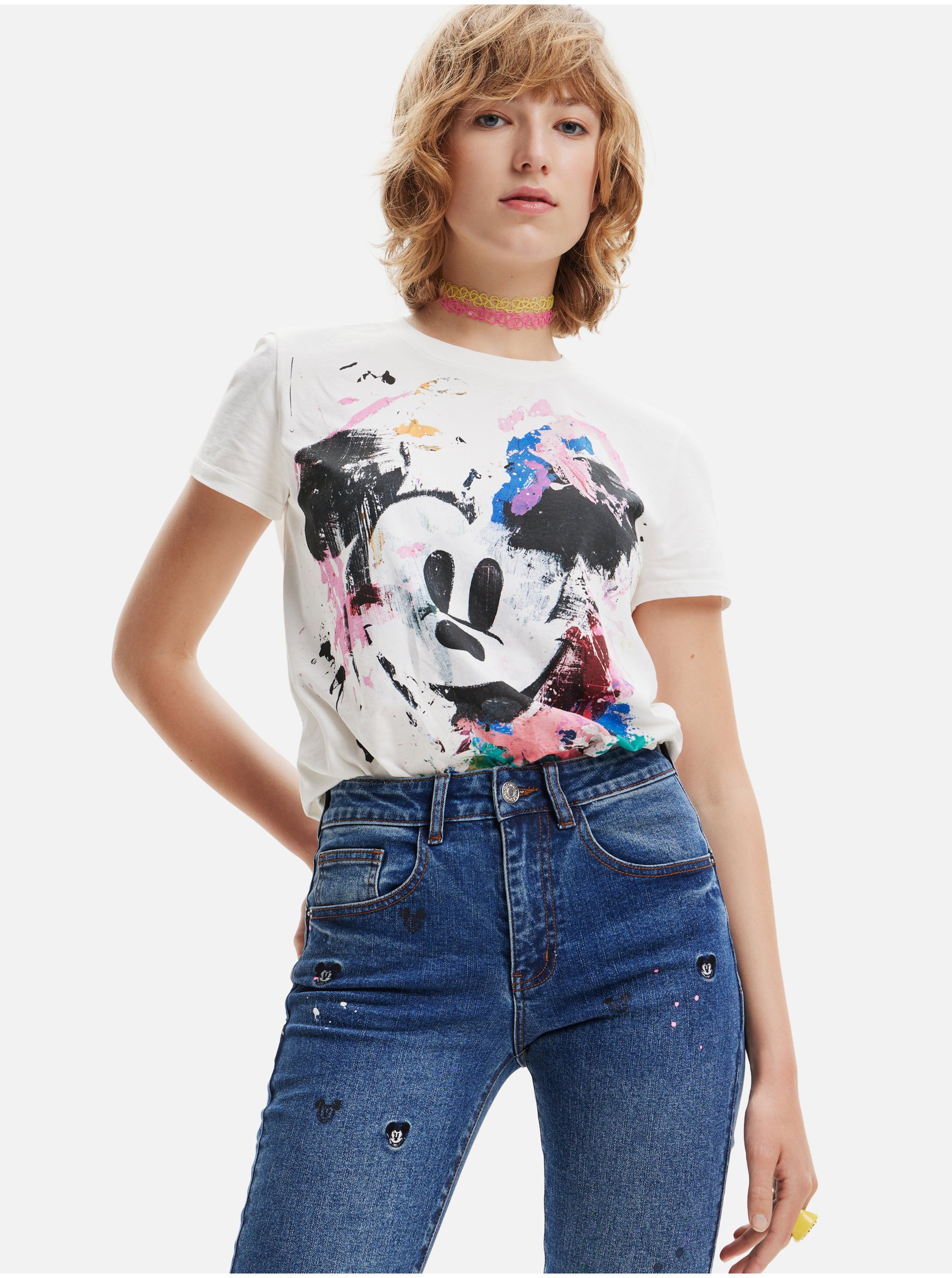 Levně Bílé dámské tričko Desigual Mickey Crash