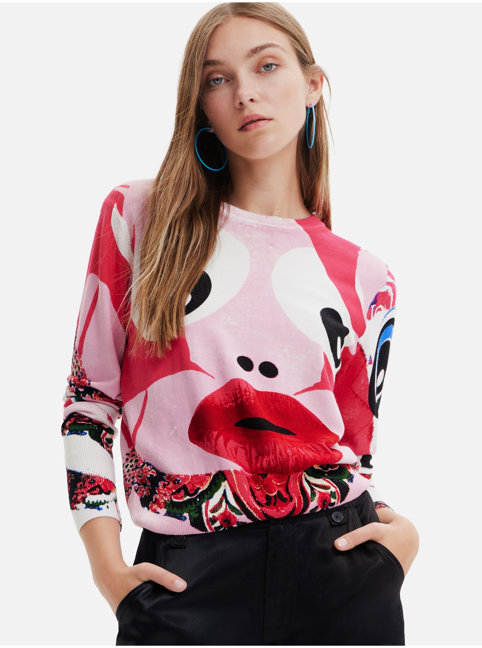 E-shop Červeno-růžový dámský vzorovaný svetr s příměsí lnu Desigual Sweet-Lacroix